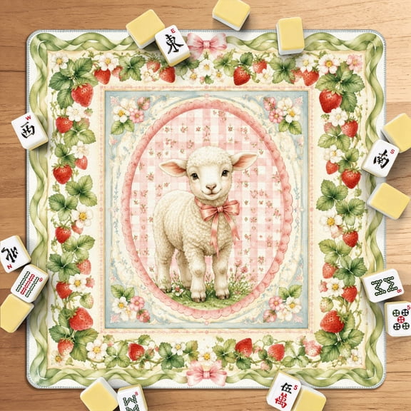 Mahjong Mat 31.5" x 31.5" Cute Lamb Strawberry Floral Vintage Cottagecore Frame Pink Ribbon Non-Slip Noise Reduction American Mahjong Tiles Table Cover for Dominoes Poker Card Board Games Gift