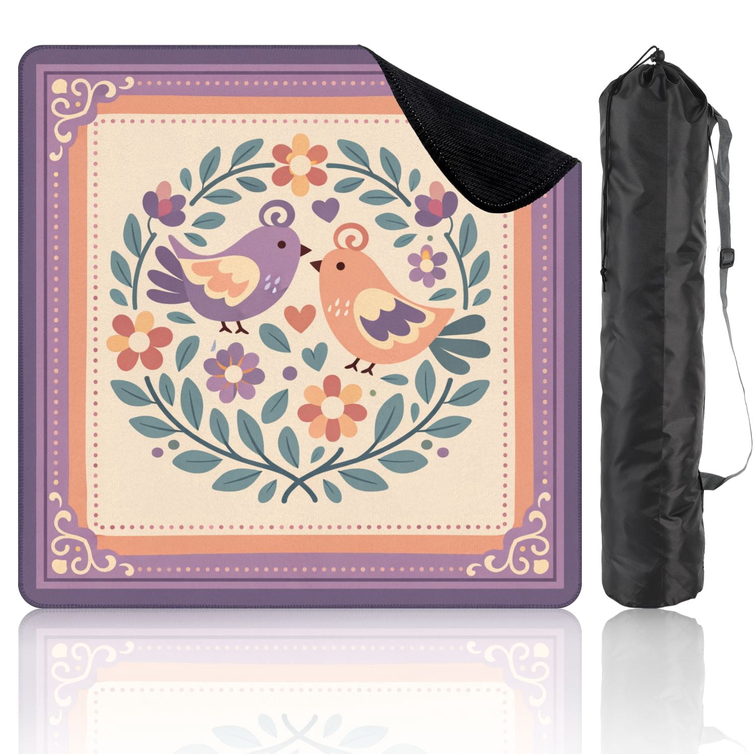 Mahjong Mat 31.5" x 31.5" Cute Pair Birds Colorful Flowers Heart Motifs Whimsical Folk Art Style Non-Slip Noise Reduction Mahjong Tiles Table Cover for Dominoes Poker Card Board and Tile Games