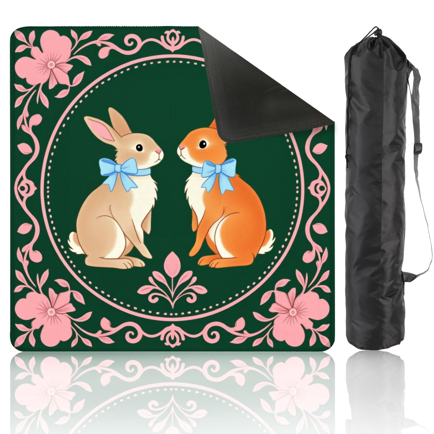 Mahjong Mat 31.5" x 31.5" Cute Pair Bunnies Blue Bows Surrounded by Floral Non-Slip Noise Reduction American Mahjong Tiles Table Cover for Dominoes Poker Card Board Games Gift