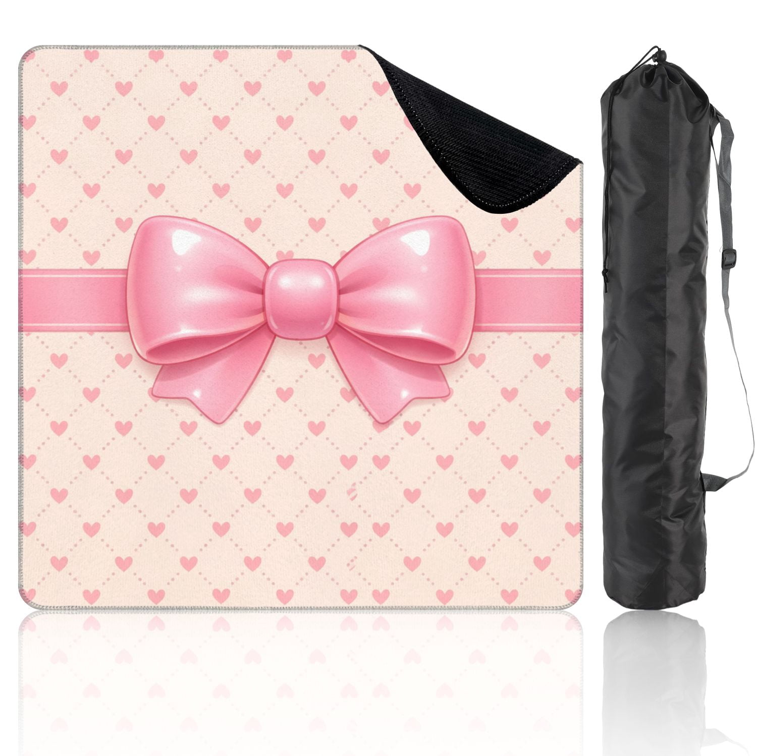 Mahjong Mat 31.5" x 31.5" Cute Pink Ribbon Bow Heart Non-Slip Noise Reduction Mahjong Tiles Table Cover for Dominoes Poker Card Board and Tile Games