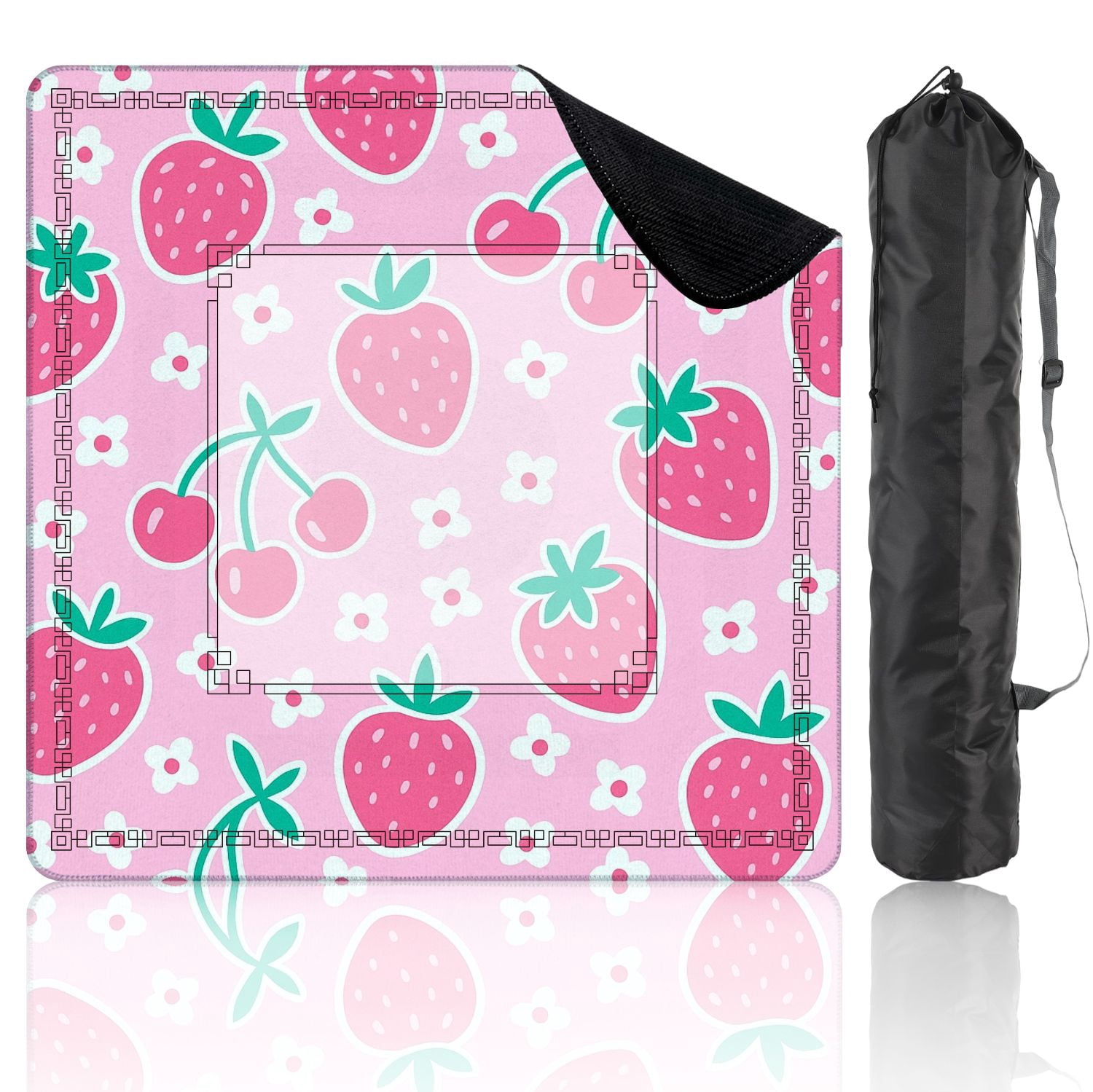 Mahjong Mat 31.5" x 31.5" Cute Pink Strawberry Cherry White Flowers Pink Non-Slip Noise Reduction American Mahjong Tiles Table Cover for Dominoes Poker Card Board Games Gift