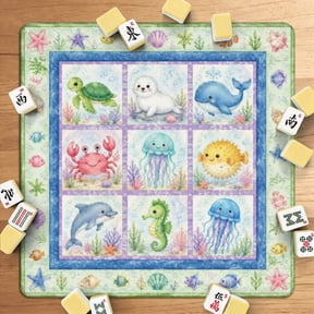 Mahjong Mat 31.5" x 31.5" Cute Sea Animals Patchwork Quilt Turtle Seal Dolphin Jellyfish Non-Slip Noise Reduction American Mahjong Tiles Table Cover for Dominoes Poker Card Board Games Gift