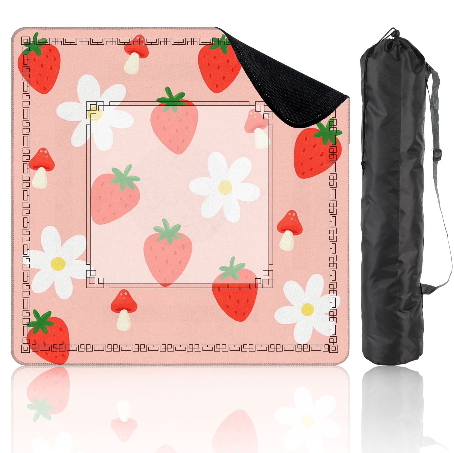 Mahjong Mat 31.5" x 31.5" Cute Strawberry Flower Mushrooms Pink Non-Slip Noise Reduction American Mahjong Tiles Table Cover for Dominoes Poker Card Board Games Gift