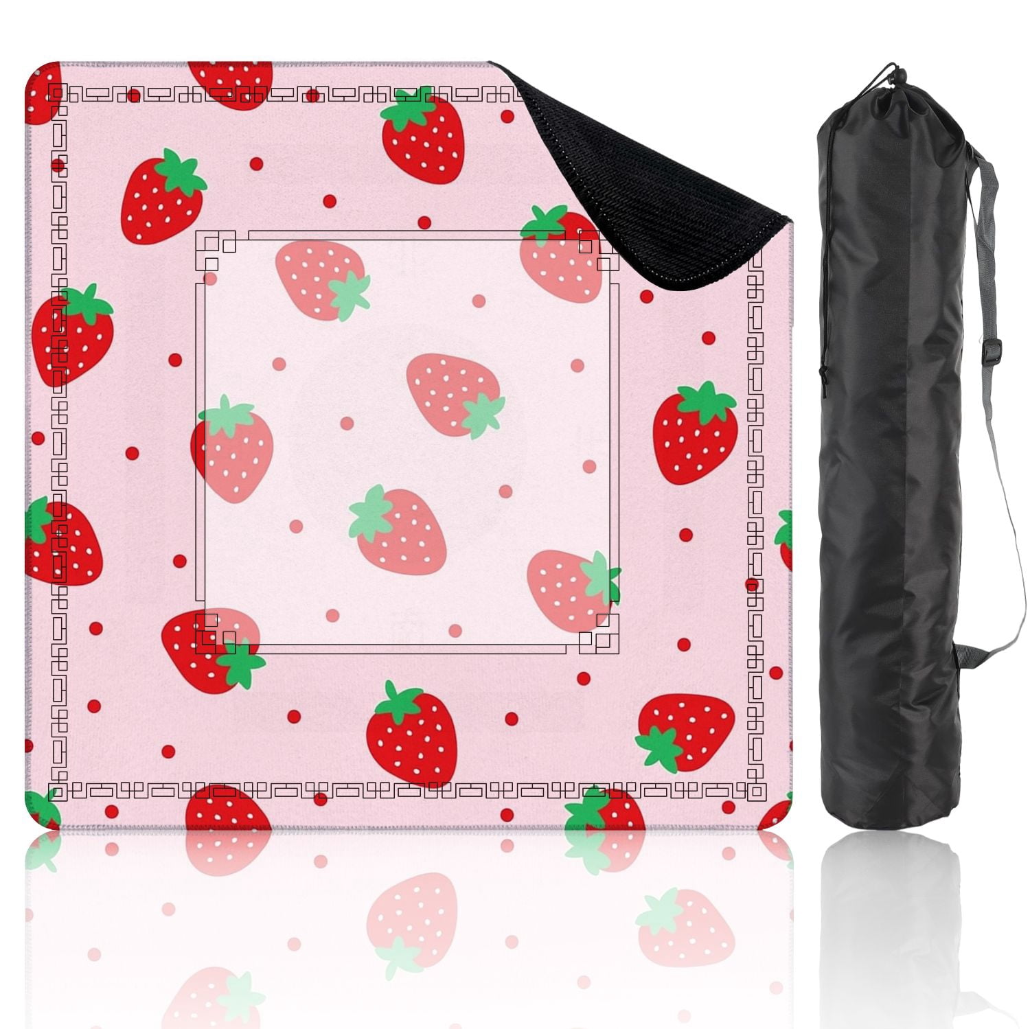 Mahjong Mat 31.5" x 31.5" Cute Strawberry Red Berries Green Leaves Pink Non-Slip Noise Reduction American Mahjong Tiles Table Cover for Dominoes Poker Card Board Games Gift