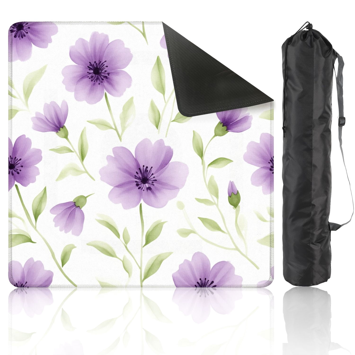 Mahjong Mat 31.5" x 31.5" Cute purple floral whith green leave seamless watercolor watercolor Non-Slip Noise Reduction American Mahjong Tiles Table Cover for Dominoes Poker Card Board Games Gift