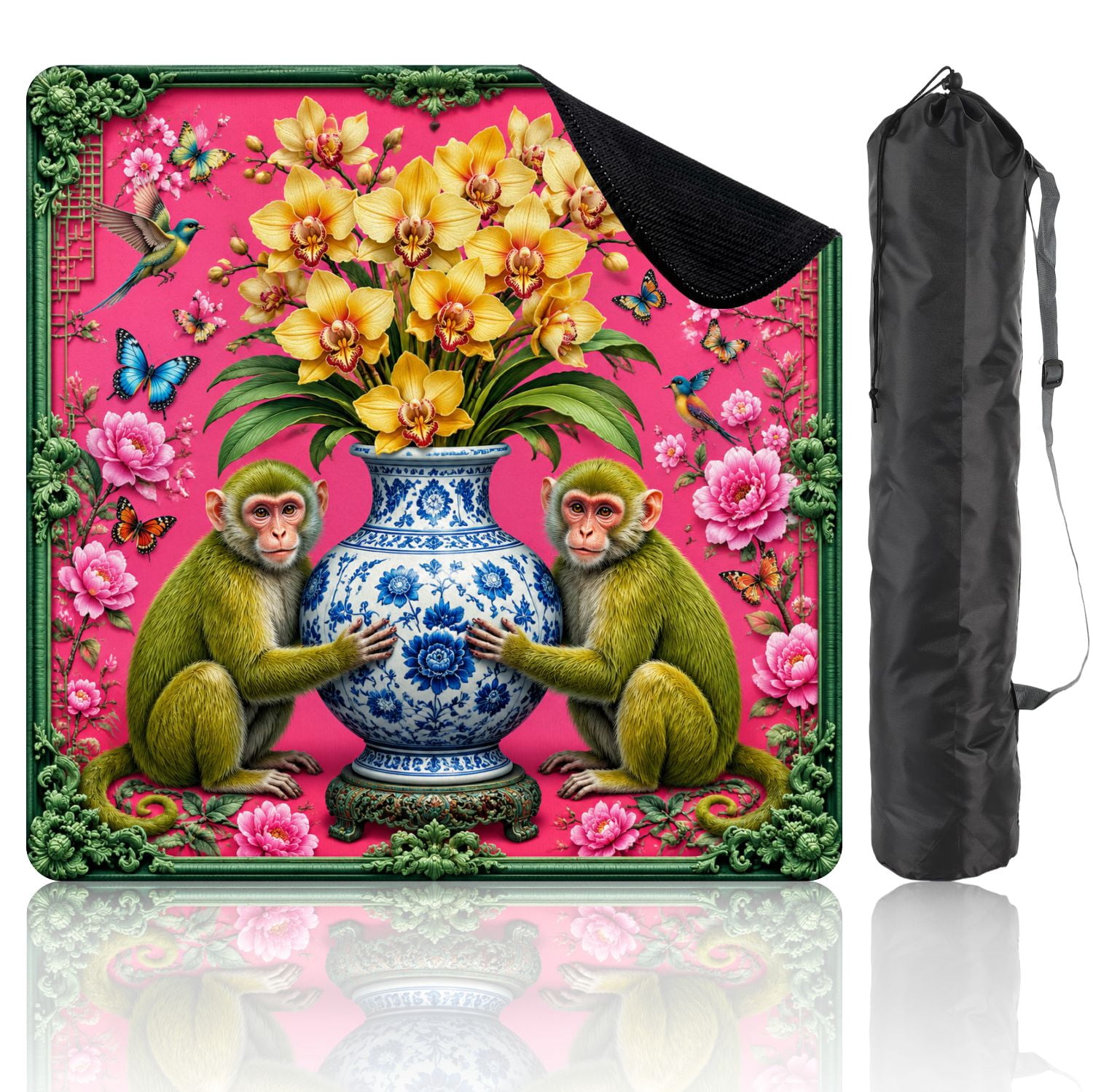Mahjong Mat 31.5" x 31.5" Decorative Monkeys Floral Vase Birds Pink Non-Slip Noise Reduction Mahjong Tiles Table Cover for Dominoes Poker Card Board and Tile Games