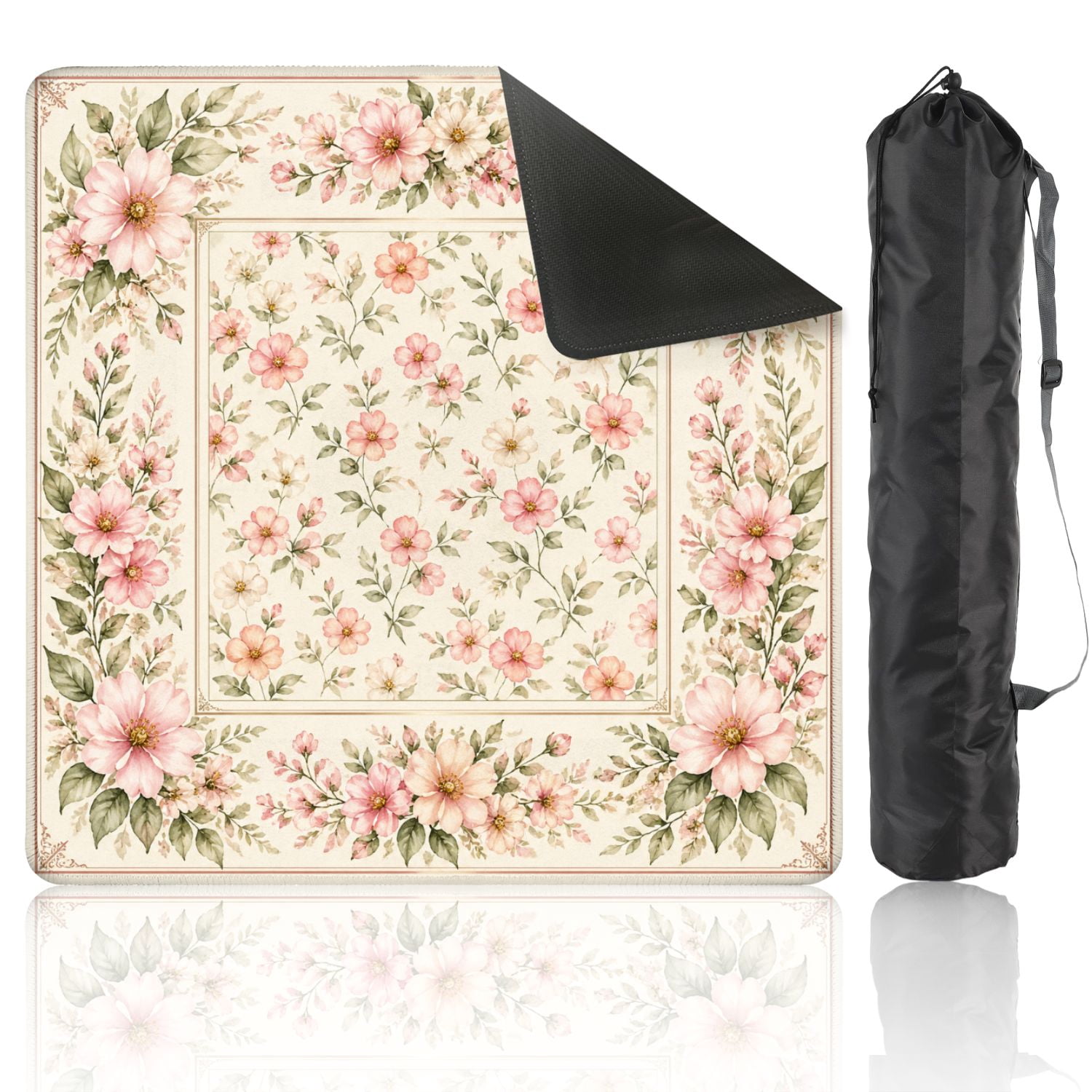 Mahjong Mat 31.5" x 31.5" Delicate Floral Soft Pink Green Leaves Non-Slip Noise Reduction American Mahjong Tiles Table Cover for Dominoes Poker Card Board Games Gift
