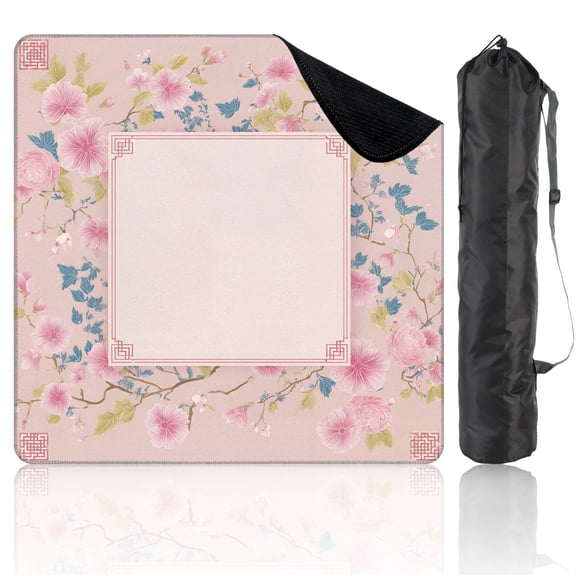 Mahjong Mat 31.5" x 31.5" Delicate Pink Floral Frame Oriental Style Border Soft Pink Non-Slip Noise Reduction Mahjong Tiles Table Cover for Dominoes Poker Card Board and Tile Games