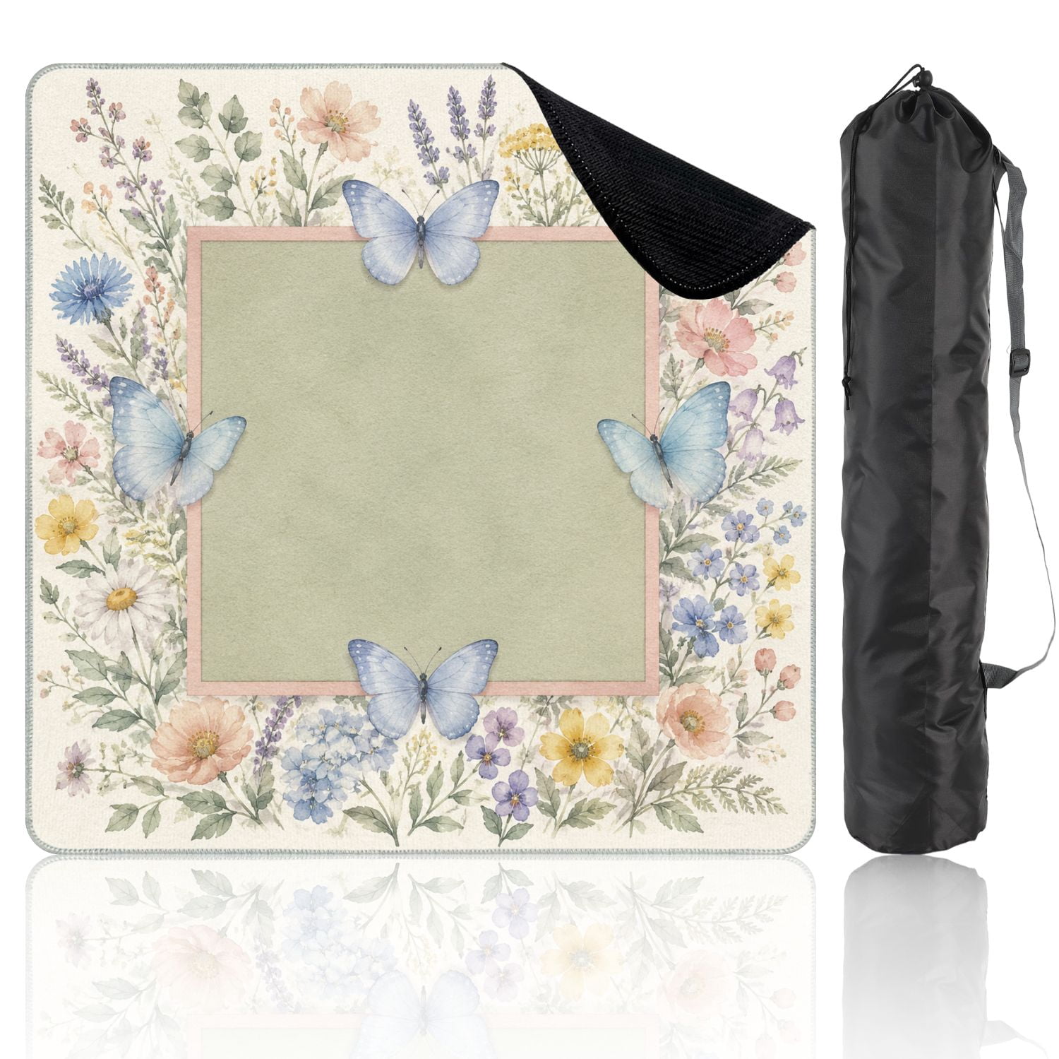 Mahjong Mat 31.5" x 31.5" Delicate Watercolor Blue Butterflies Wildflower Frame Non-Slip Noise Reduction Mahjong Tiles Table Cover for Dominoes Poker Card Board and Tile Games