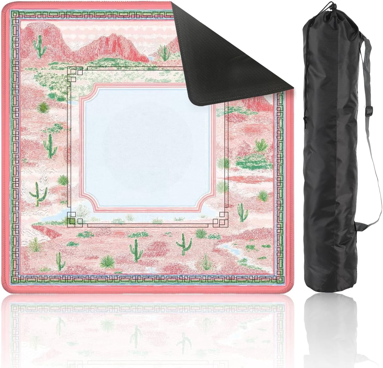 Mahjong Mat 31.5" x 31.5" Desert Landscape Mountains Pink Green Tones Non-Slip Noise Reduction Mahjong Tiles Table Cover for Dominoes Poker Card Board and Tile Games