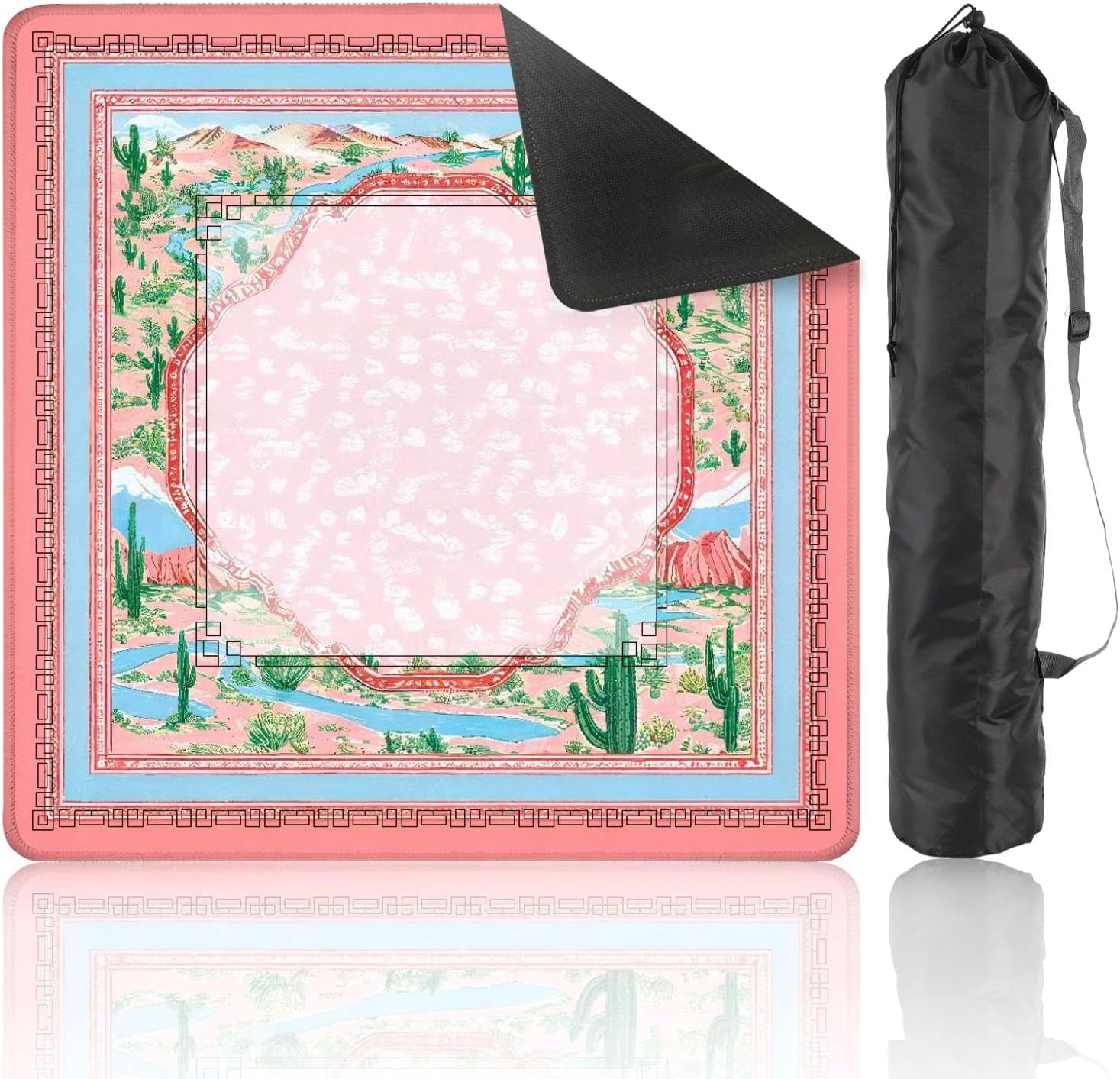 Mahjong Mat 31.5" x 31.5" Desert Landscape Pink Decorative Frame Non-Slip Noise Reduction Mahjong Tiles Table Cover for Dominoes Poker Card Board and Tile Games