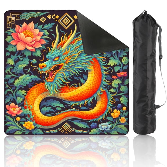 Mahjong Mat 31.5" x 31.5" Dragon Vibrant Orange Scales Floral Botanical Anti-Slip and Noise Reduction Symmetry Design Mahjong Tiles Table Cover for Dominoes Poker Card Board and Tile Games