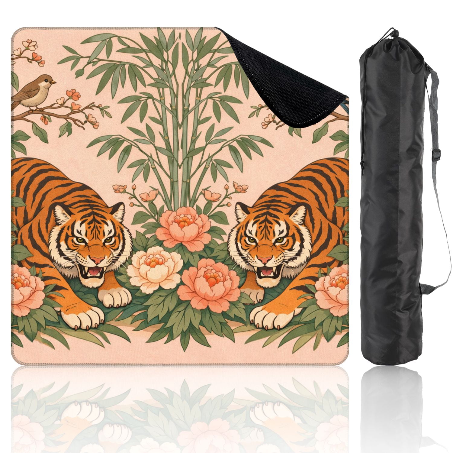 Mahjong Mat 31.5" x 31.5" Dynamic Tigers Vibrant Peonies Floral Bamboo Non-Slip Noise Reduction Mahjong Tiles Table Cover for Dominoes Poker Card Board and Tile Games