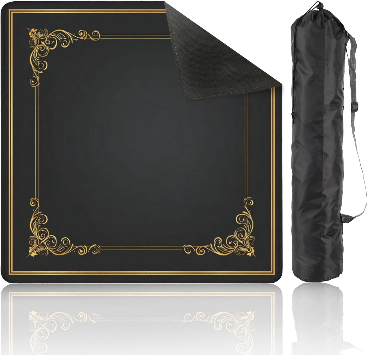 Mahjong Mat 31.5" x 31.5" Elegant Black Gold Ornamental Frame Vintage Flourishes Non-Slip Noise Reduction Mahjong Tiles Table Cover for Dominoes Poker Card Board and Tile Games Gift