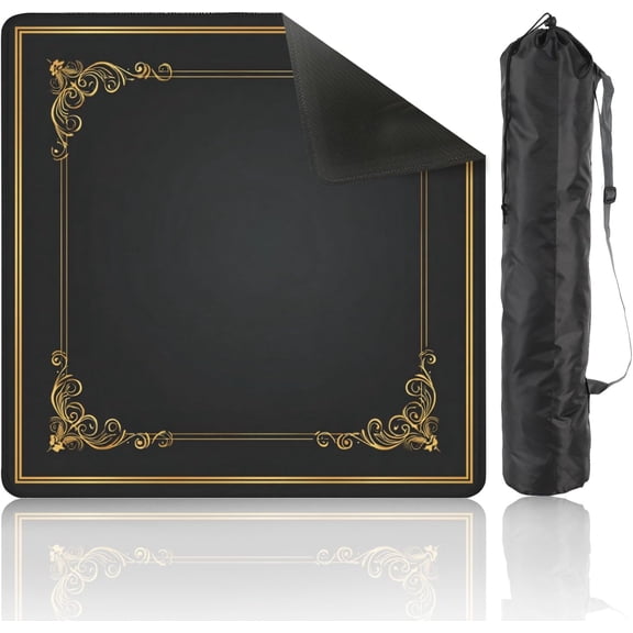 Mahjong Mat 31.5" x 31.5" Elegant Black Gold Ornamental Frame Vintage Flourishes Non-Slip Noise Reduction Mahjong Tiles Table Cover for Dominoes Poker Card Board and Tile Games Gift