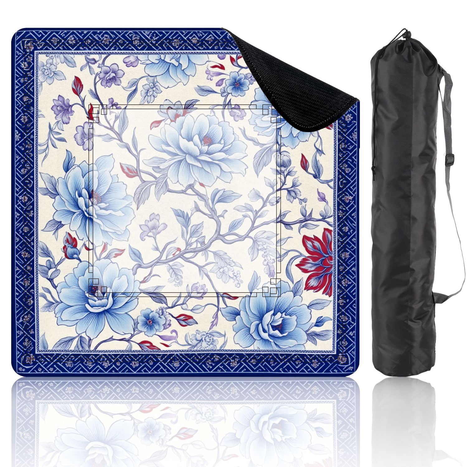 Mahjong Mat 31.5" x 31.5" Elegant Blue Floral Decorative Border Cream Non-Slip Noise Reduction American Mahjong Tiles Table Cover for Dominoes Poker Card Board Games Gift