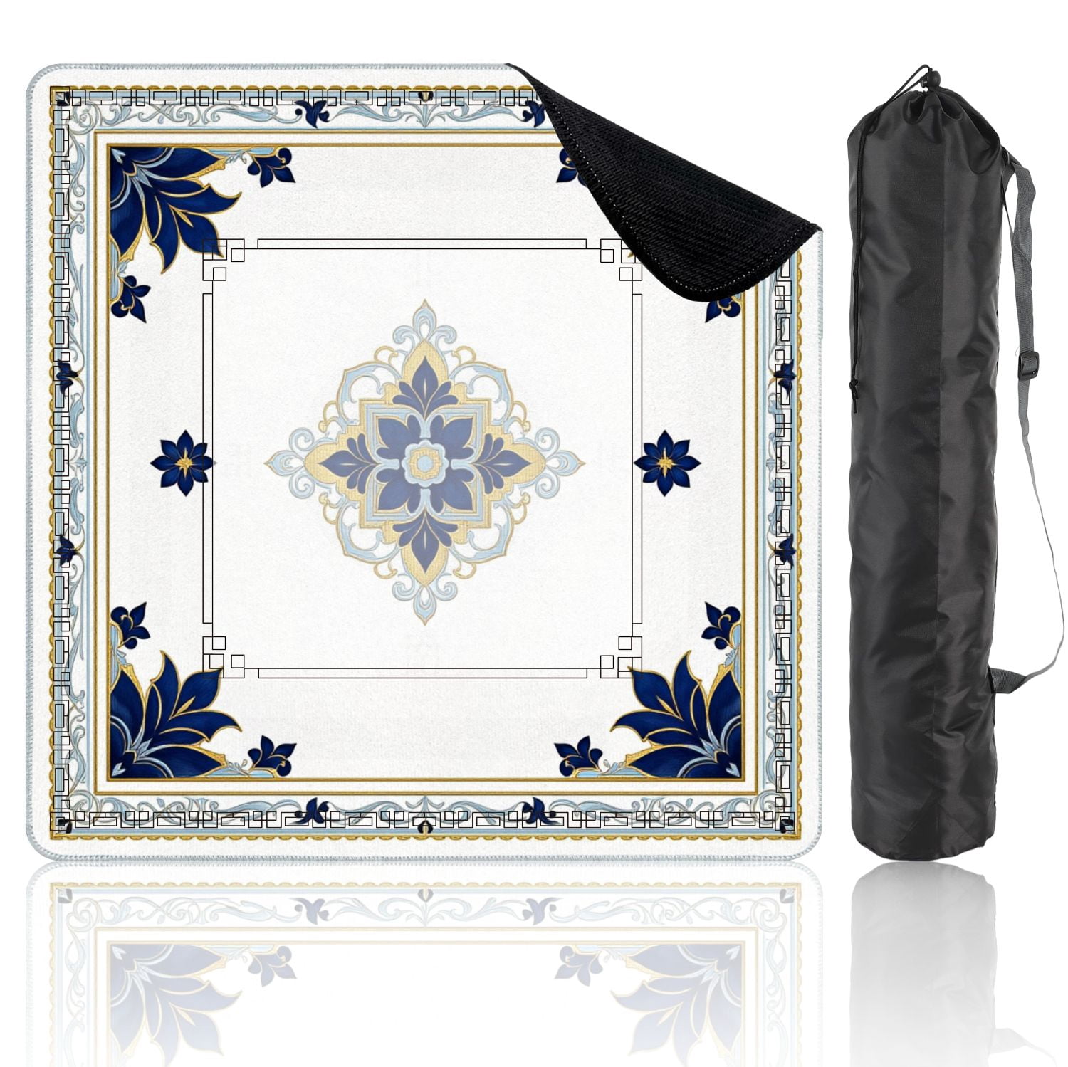 Mahjong Mat 31.5" x 31.5" Elegant Blue Gold Mandala Ornate Floral Details Non-Slip Noise Reduction American Mahjong Tiles Table Cover for Dominoes Poker Card Board Games Gift