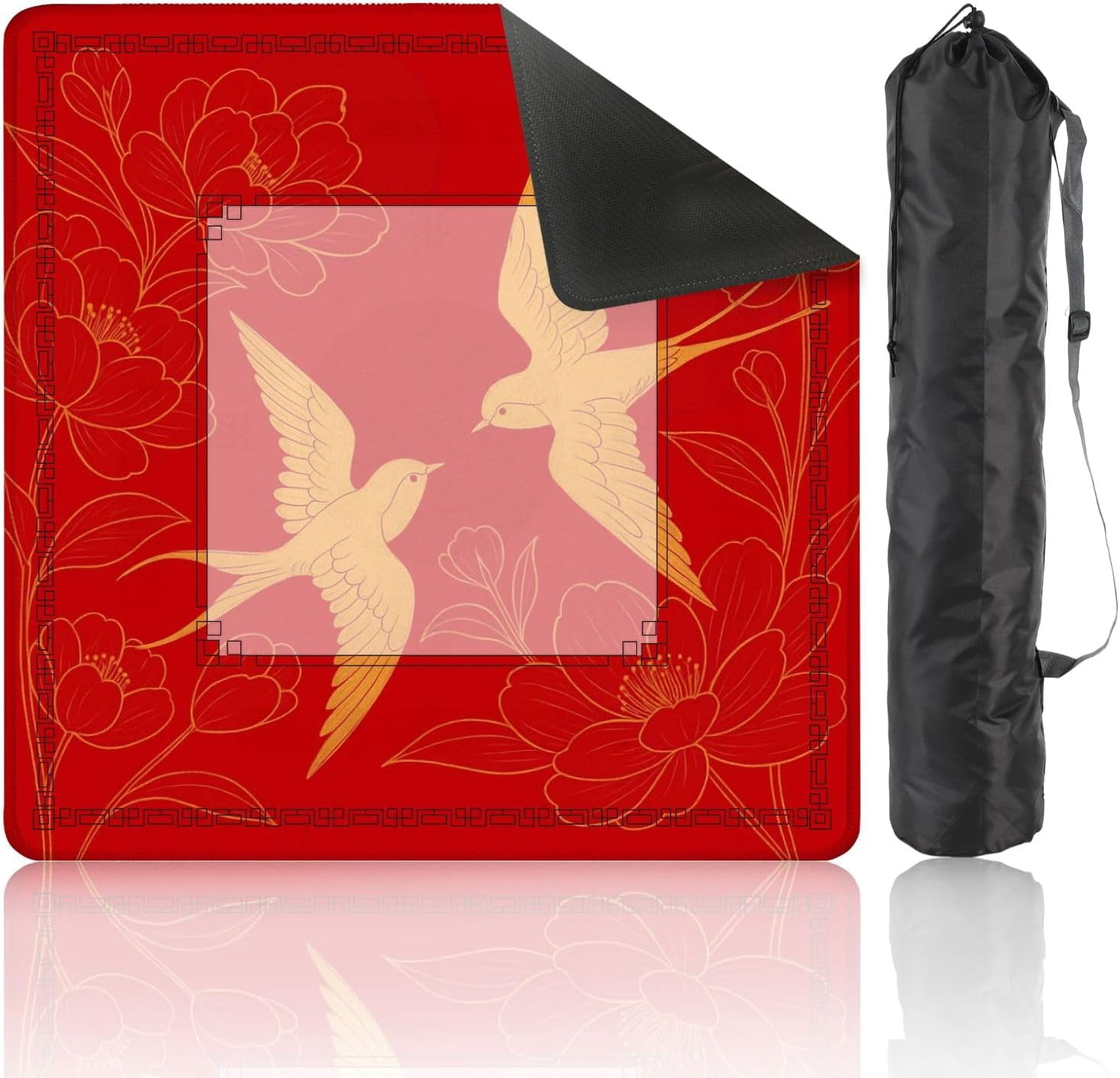 Mahjong Mat 31.5" x 31.5" Elegant Chinese Oriental Elegant Swallow Bird Peony Flower Golden line Non-Slip Noise Reduction Mahjong Tiles Table Cover for Dominoes Poker Card Board and Tile Games