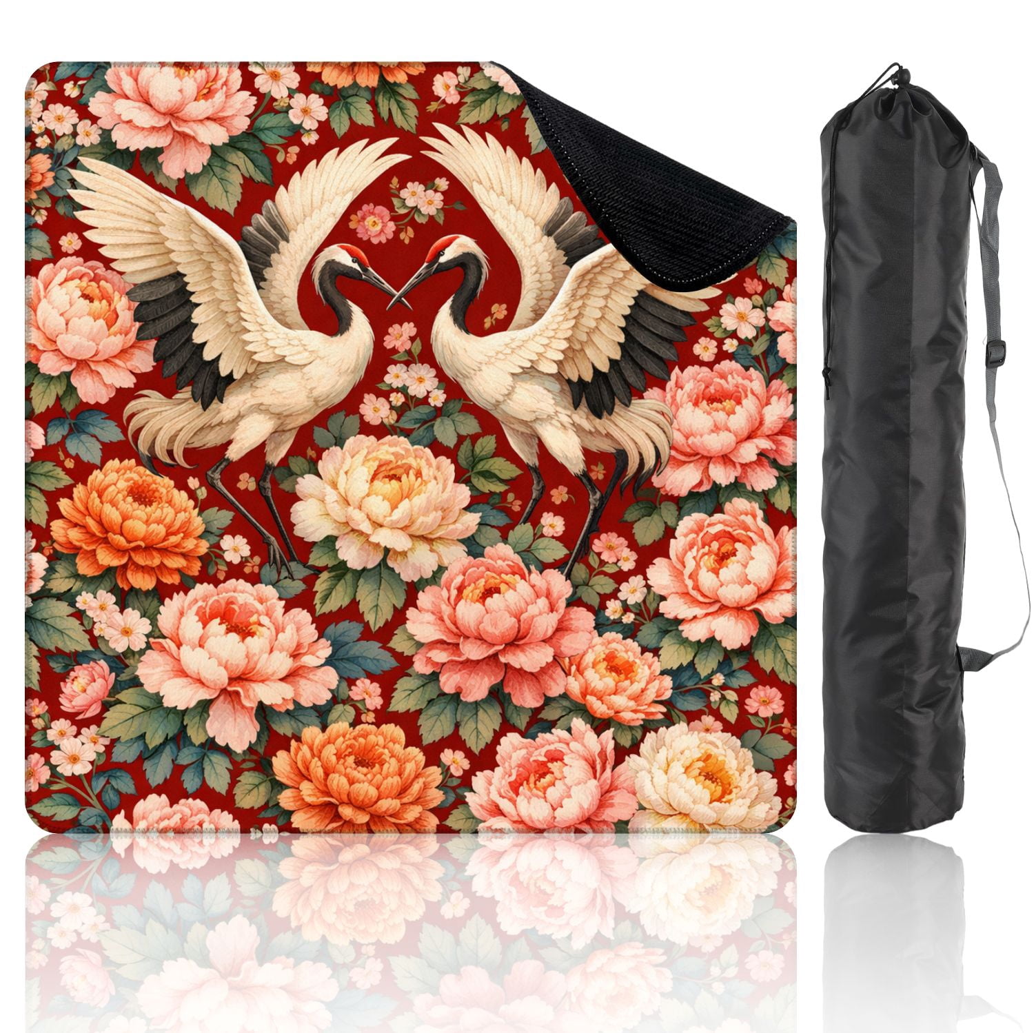 Mahjong Mat 31.5" x 31.5" Elegant Crane Birds Peony Flowers Red Non-Slip Noise Reduction Mahjong Tiles Table Cover for Dominoes Poker Card Board and Tile Games