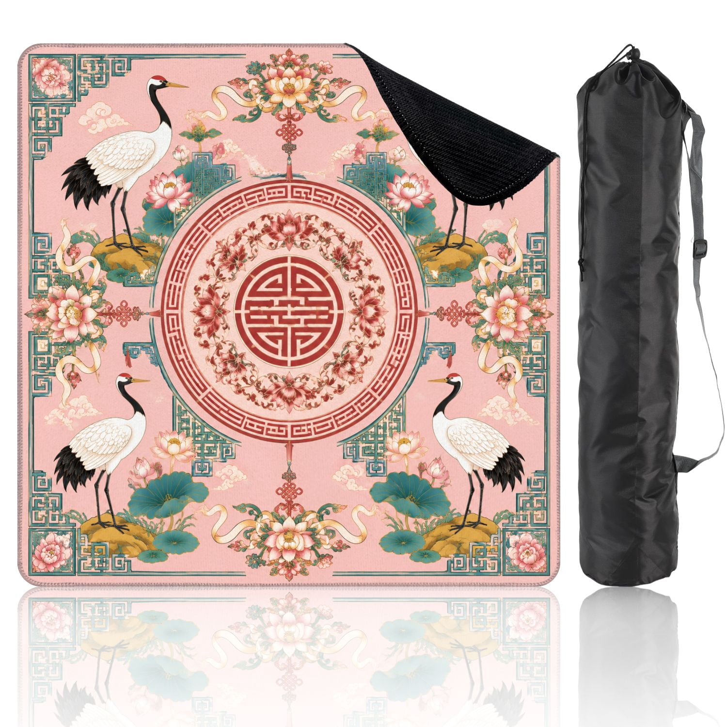 Mahjong Mat 31.5" x 31.5" Elegant Crane Floral Traditional Chinese Elements Non-Slip Noise Reduction Mahjong Tiles Table Cover for Dominoes Poker Card Board and Tile Games