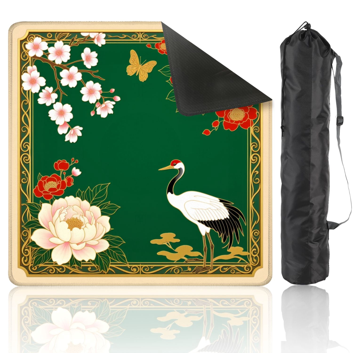 Mahjong Mat 31.5" x 31.5" Elegant Crane Peonies Cherry Blossoms Butterfly Traditional Style Non-Slip Noise Reduction American Mahjong Tiles Table Cover for Dominoes Poker Card Board Games Gift