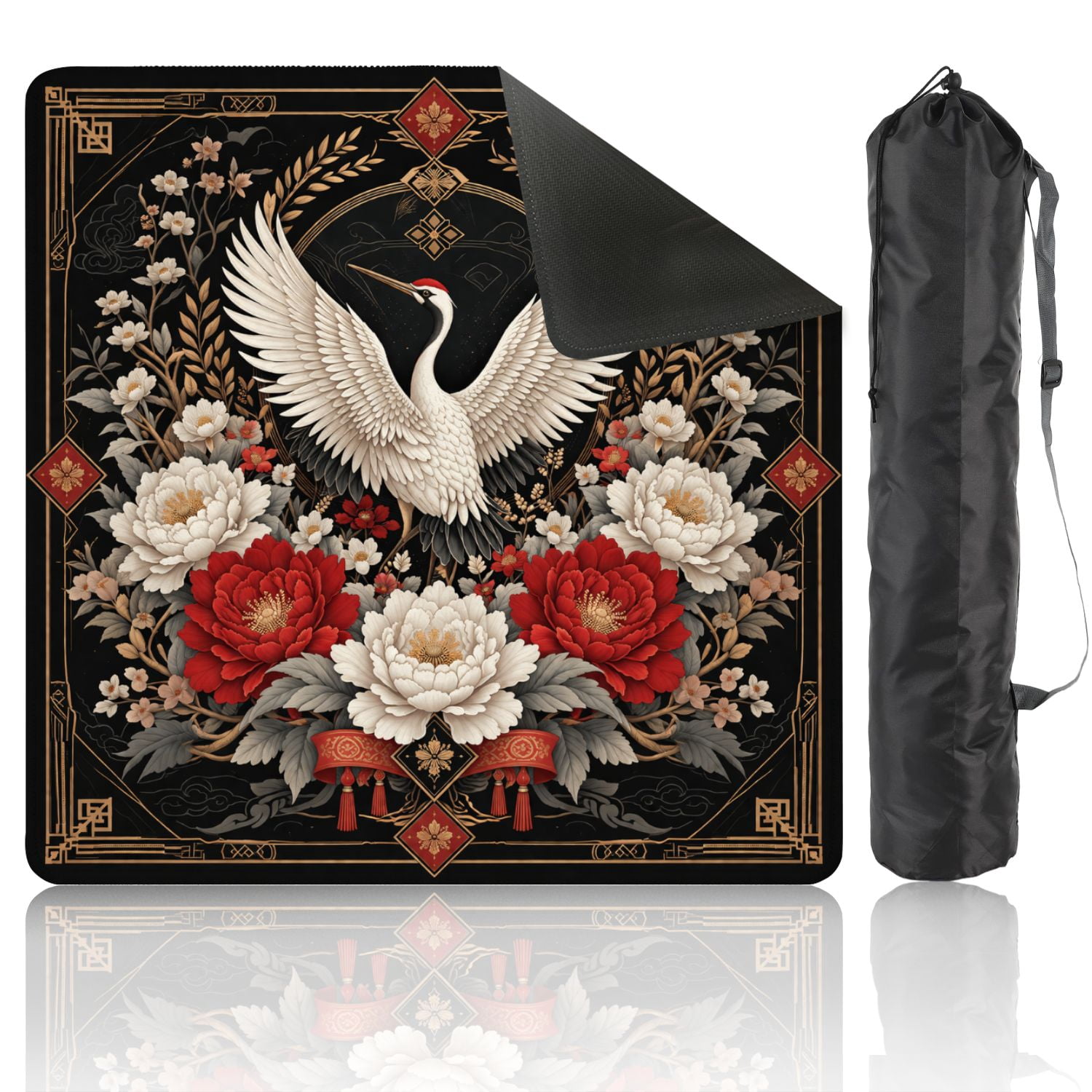 Mahjong Mat 31.5" x 31.5" Elegant Crane Red White Peonies Floral Ornate Gold Frame Non-Slip Noise Reduction American Mahjong Tiles Table Cover for Dominoes Poker Card Board Games Gift