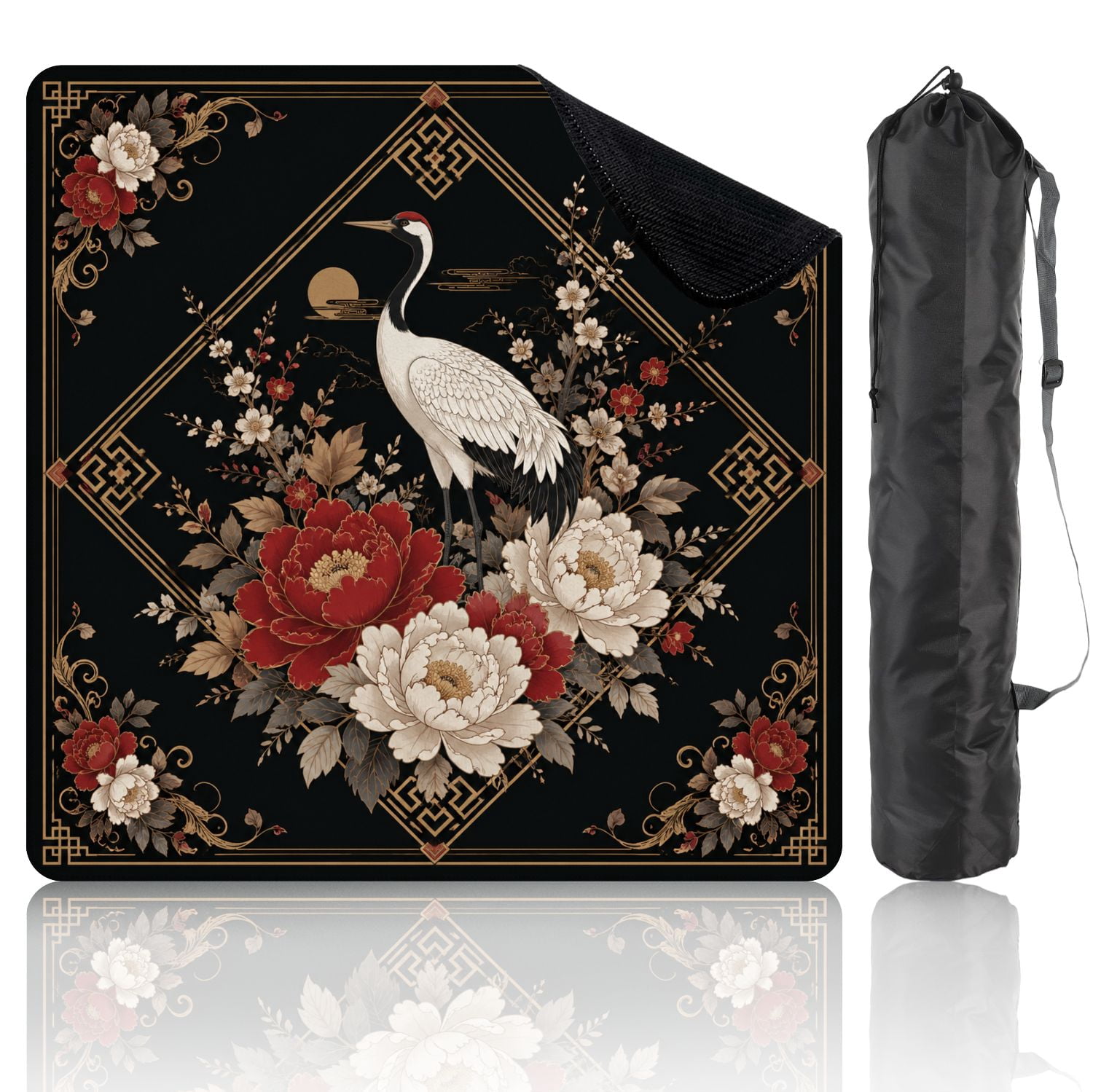Mahjong Mat 31.5" x 31.5" Elegant Crane Standing Red White Peonies Floral Frame Black Non-Slip Noise Reduction Mahjong Tiles Table Cover for Dominoes Poker Card Board and Tile Games