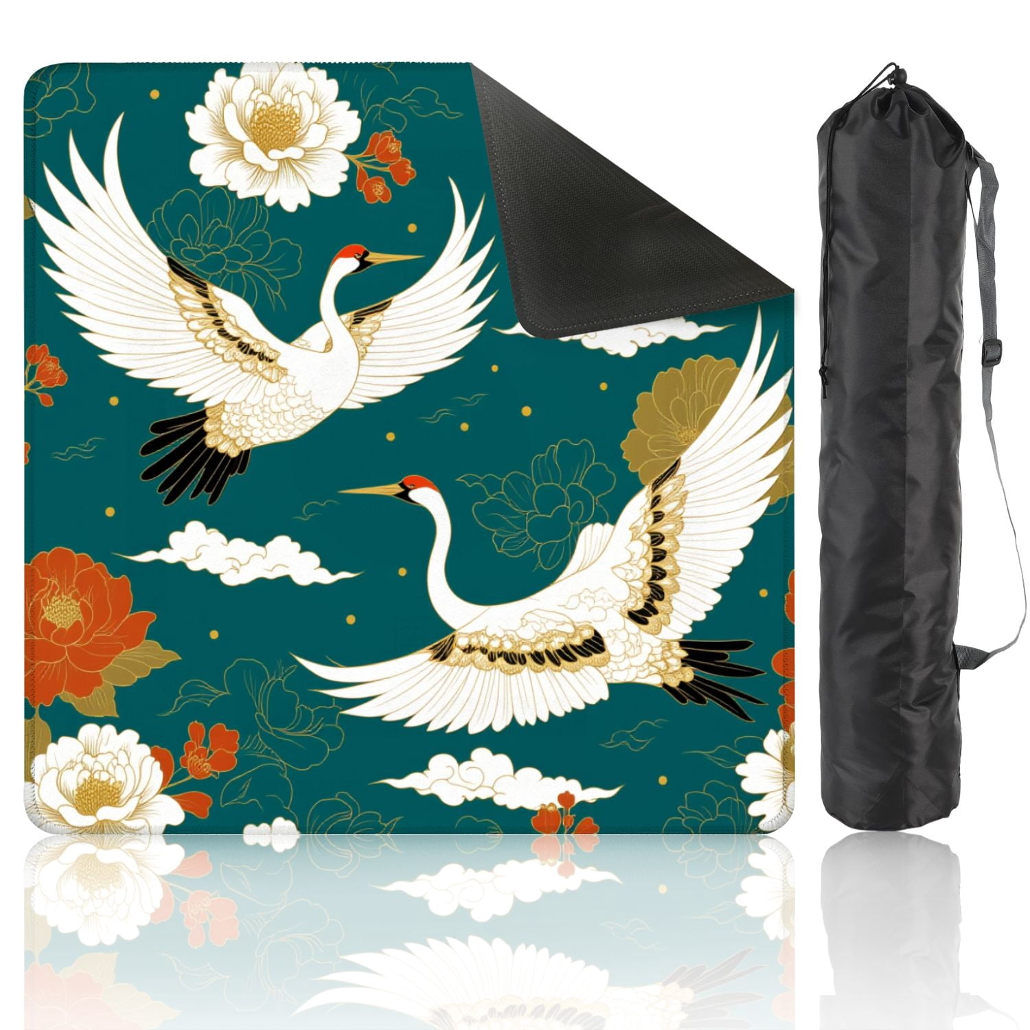 Mahjong Mat 31.5" x 31.5" Elegant Cranes Flight Floral Motif Teal Non-Slip Noise Reduction American Mahjong Tiles Table Cover for Dominoes Poker Card Board Games Gift