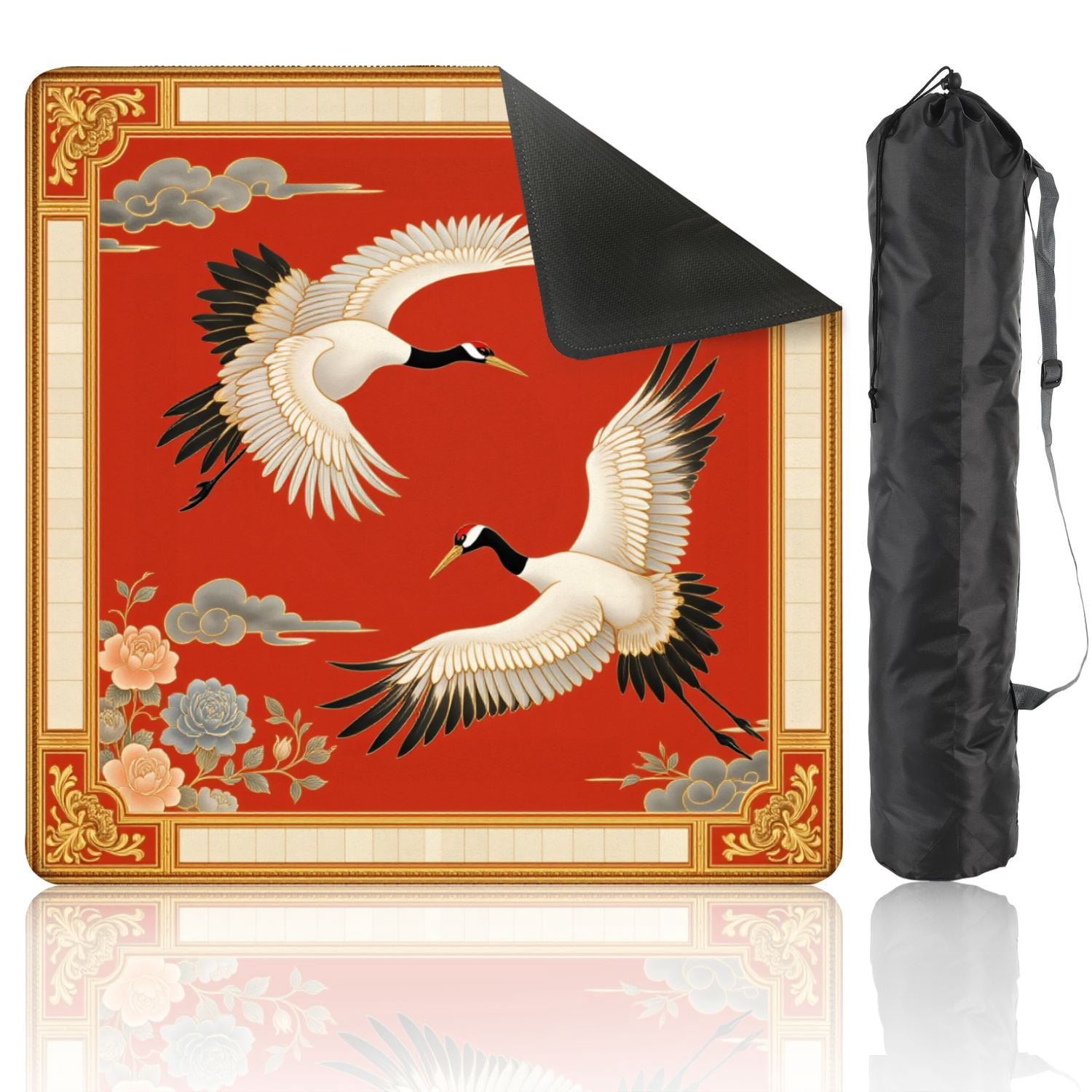 Mahjong Mat 31.5" x 31.5" Elegant Cranes Traditional Chinese Style Floral Accents Red Non-Slip Noise Reduction American Mahjong Tiles Table Cover for Dominoes Poker Card Board Games Gift