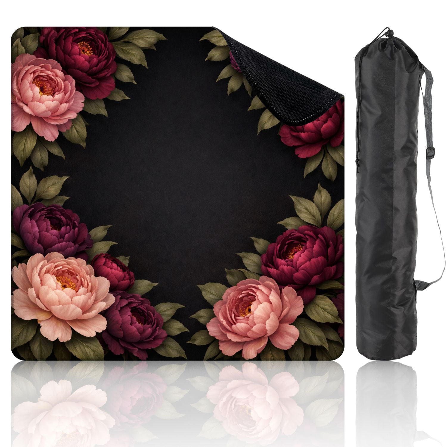 Mahjong Mat 31.5" x 31.5" Elegant Dark Floral Frame Burgundy Pink Peonies Green Leaves Non-Slip Noise Reduction Mahjong Tiles Table Cover for Dominoes Poker Card Board and Tile Games