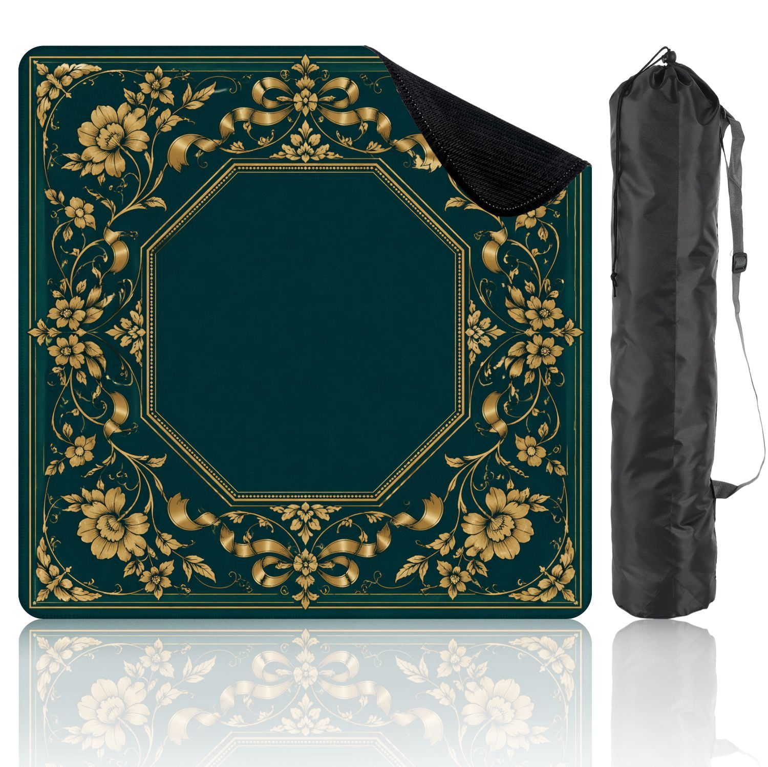 Mahjong Mat 31.5" x 31.5" Elegant Dark Green Gold Floral Ornamental Frame Ribbons Border Non-Slip Noise Reduction Mahjong Tiles Table Cover for Dominoes Poker Card Board and Tile Games
