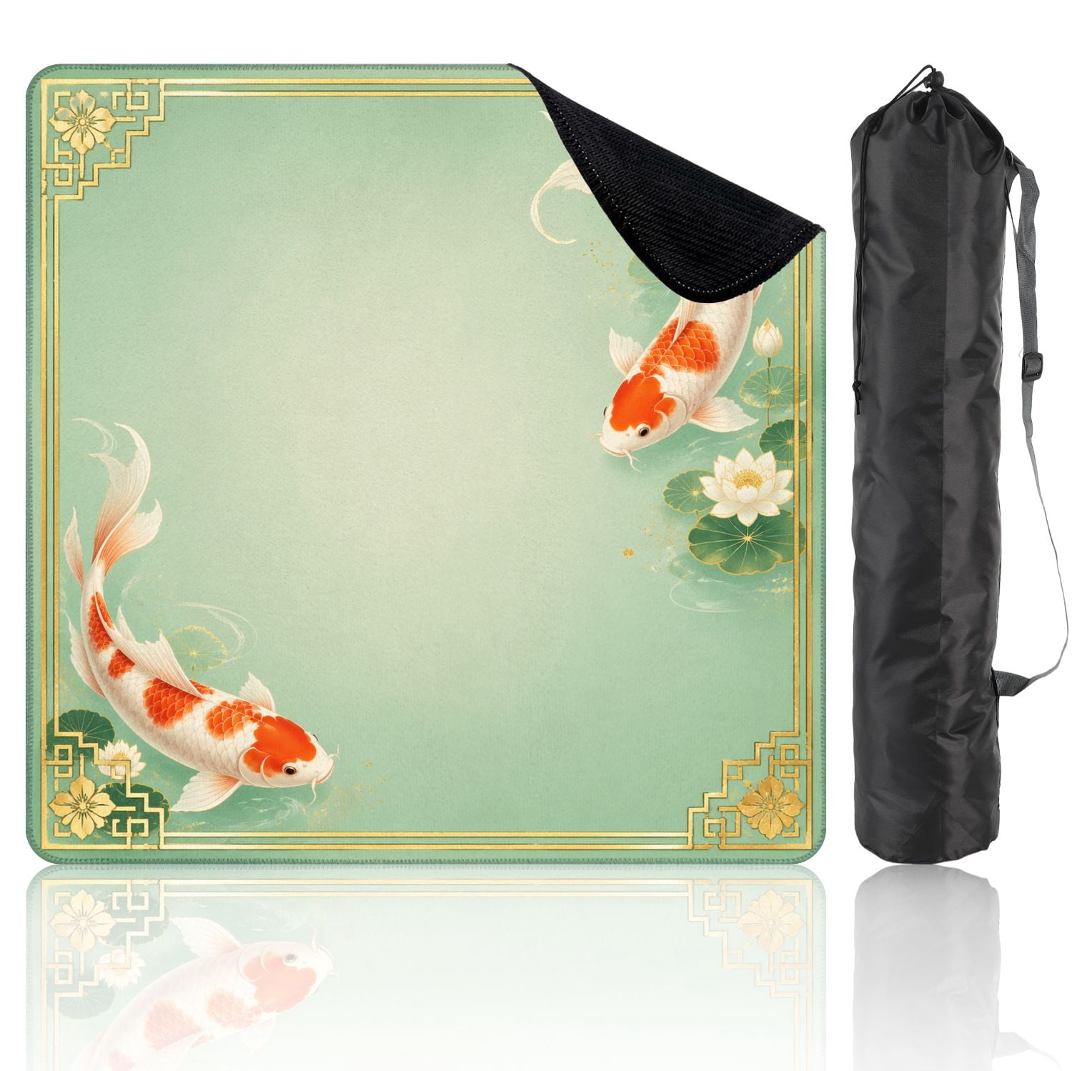 Mahjong Mat 31.5" x 31.5" Elegant Fish Gold Light Green Non-Slip Noise Reduction Mahjong Tiles Table Cover for Dominoes Poker Card Board and Tile Games