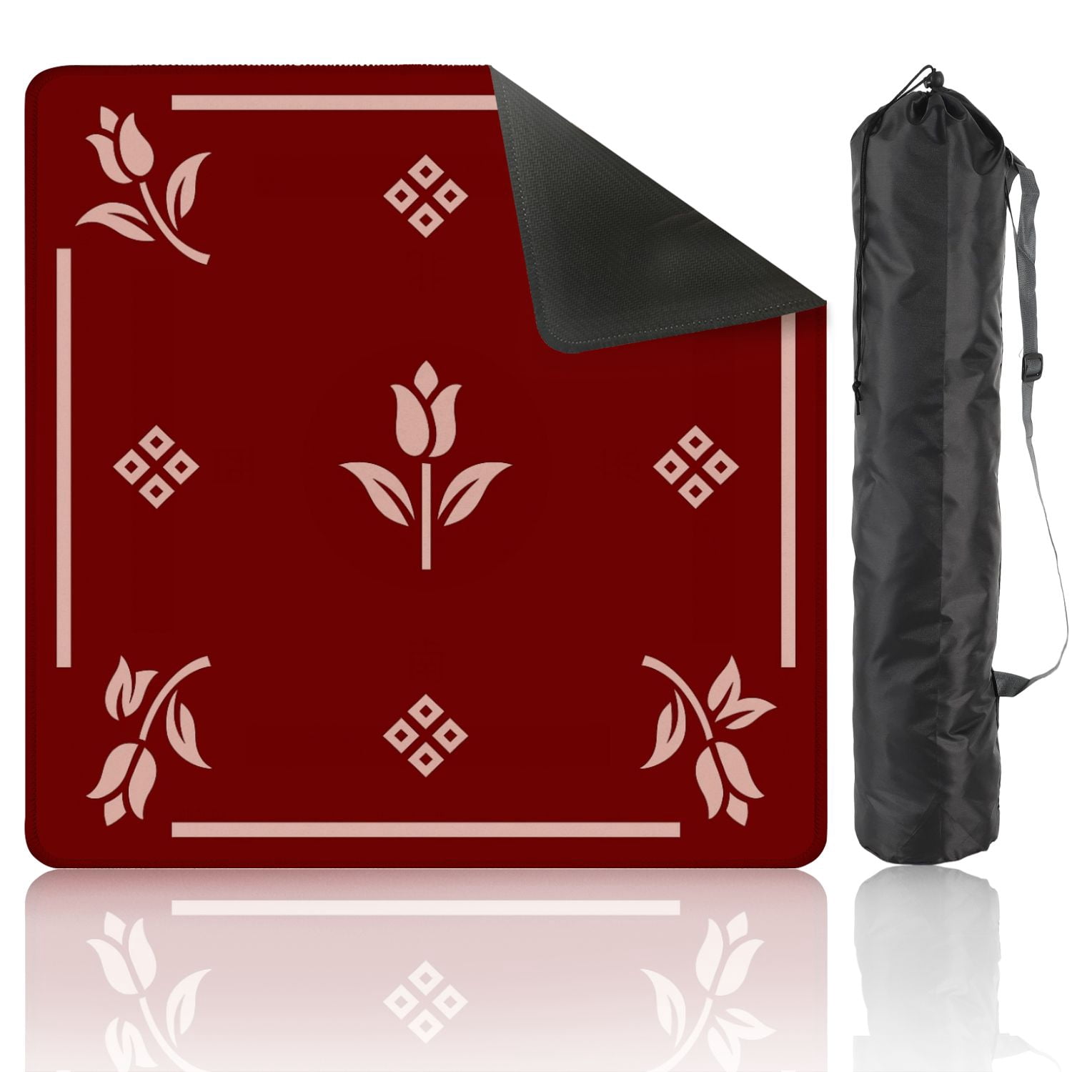 Mahjong Mat 31.5" x 31.5" Elegant Floral Tulip Motif Deep Red Anti-Slip and Noise Reduction Symmetry Design Mahjong Tiles Table Cover for Dominoes Poker Card Board and Tile Games