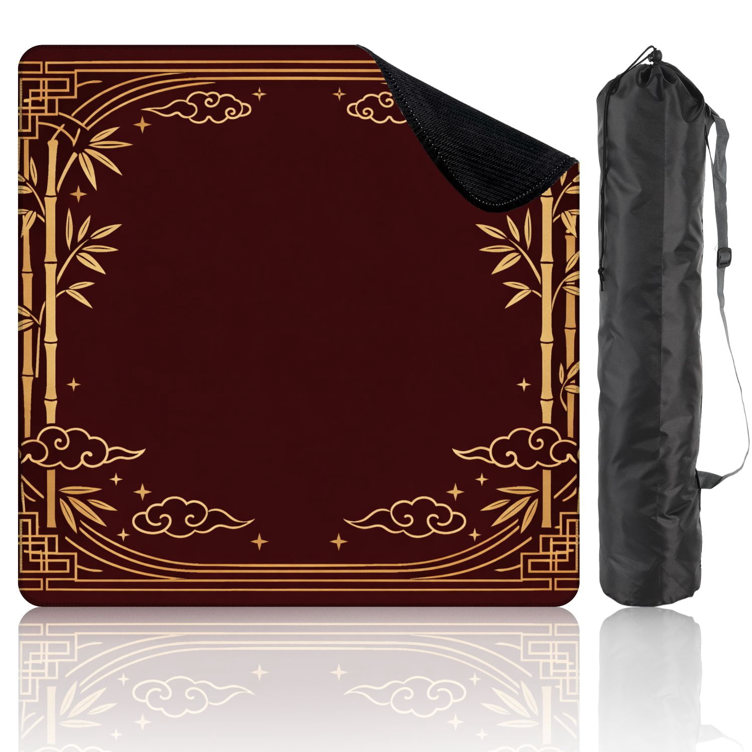 Mahjong Mat 31.5" x 31.5" Elegant Gold Bamboo Cloud Geometric Dark Red Non-Slip Noise Reduction Mahjong Tiles Table Cover for Dominoes Poker Card Board and Tile Games