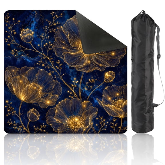 Mahjong Mat 31.5" x 31.5" Elegant Gold Line Floral Deep Blue Non-Slip Noise Reduction American Mahjong Tiles Table Cover for Dominoes Poker Card Board Games Gift