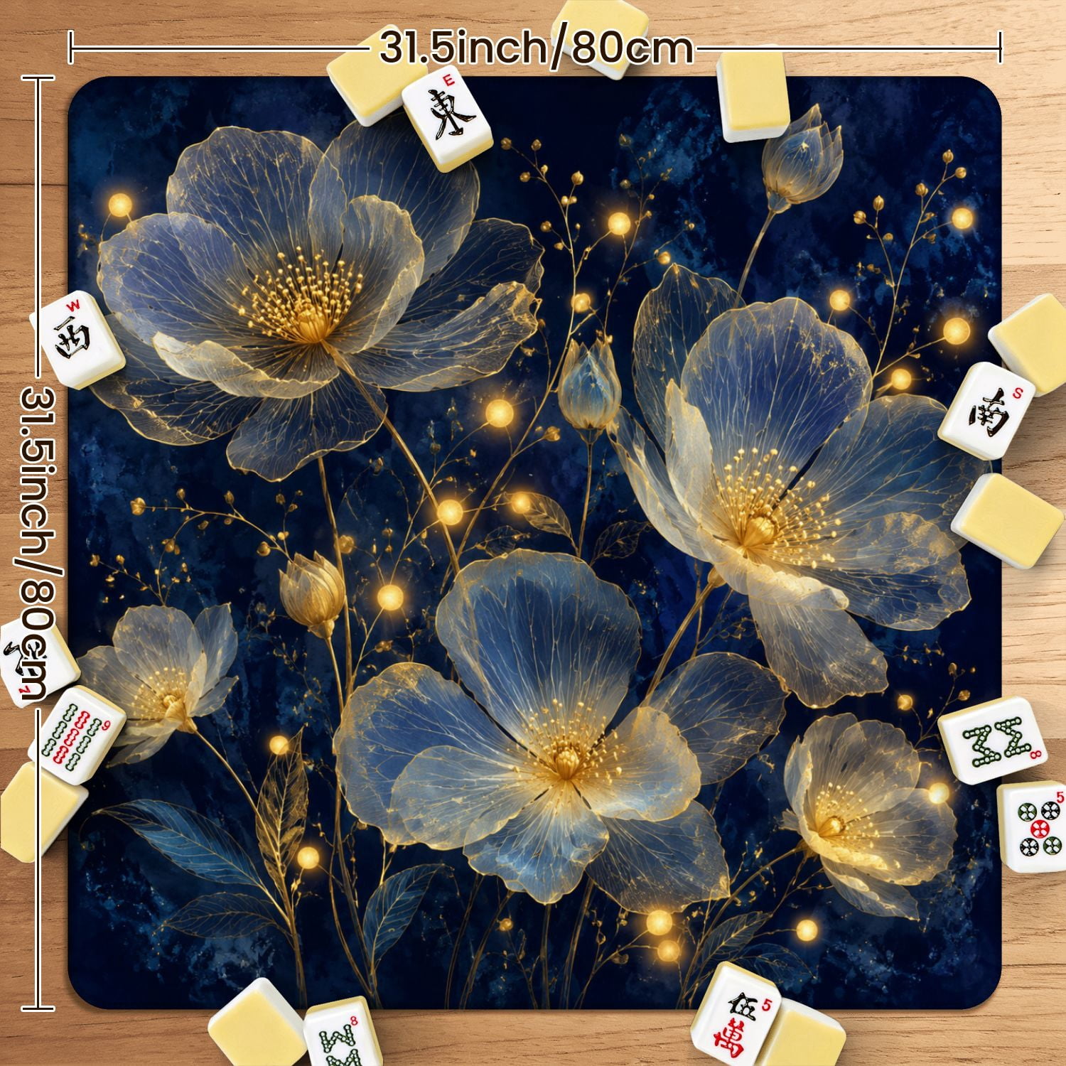Mahjong Mat 31.5" x 31.5" Elegant Gold Line Floral Deep Blue Non-Slip Noise Reduction American Mahjong Tiles Table Cover for Dominoes Poker Card Board Games Gift