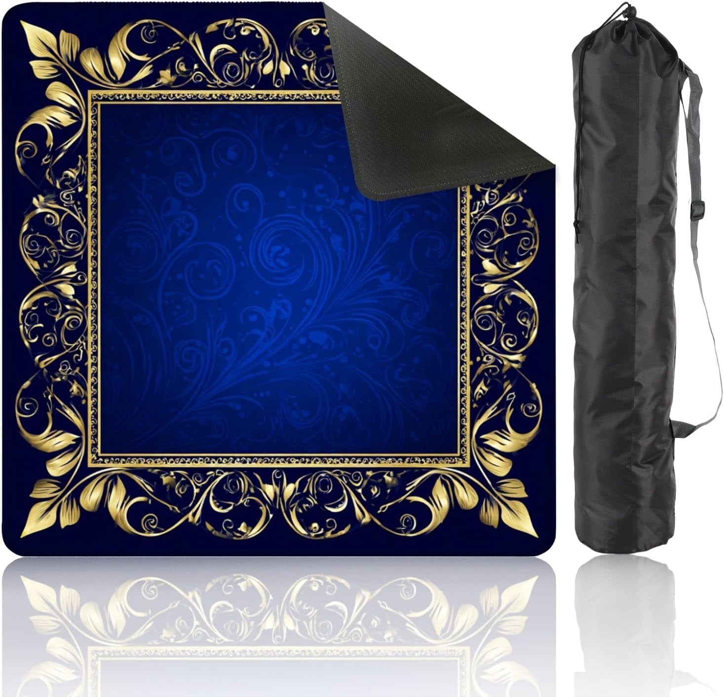 Mahjong Mat 31.5" x 31.5" Elegant Golden Ornate Frame Blue Floral Patterns Non-Slip Noise Reduction Mahjong Tiles Table Cover for Dominoes Poker Card Board and Tile Games Gift