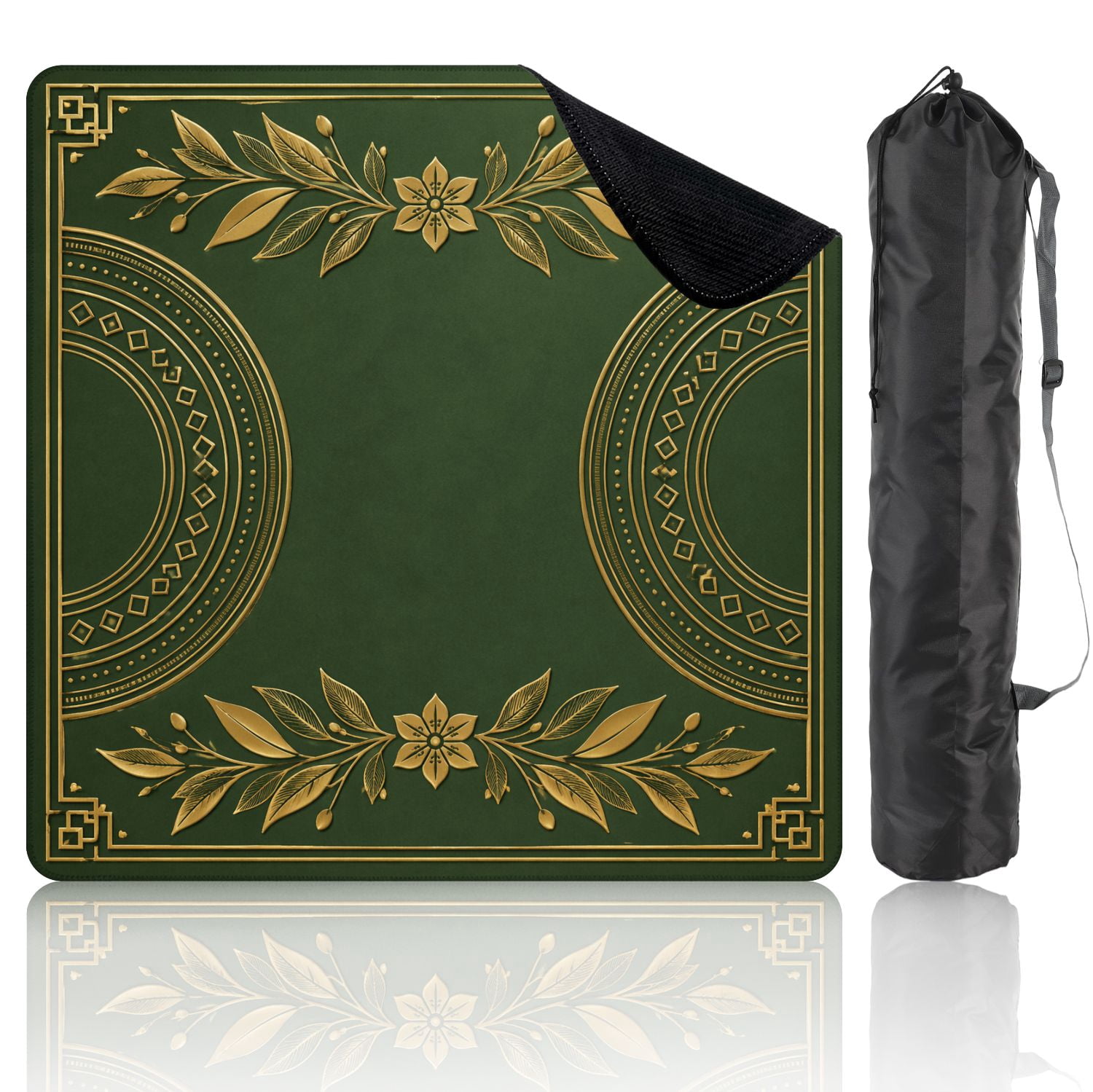 Mahjong Mat 31.5" x 31.5" Elegant Green Geometric Gold Lotus Circular Accents Non-Slip Noise Reduction Mahjong Tiles Table Cover for Dominoes Poker Card Board and Tile Games