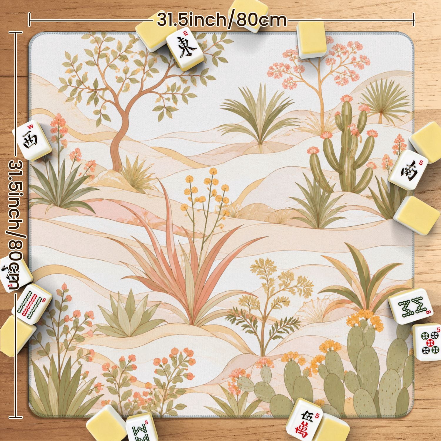 Mahjong Mat 31.5" x 31.5" Elegant Hand Painted Crane Birds Floral Botanical Elements Soft Pastel Non-Slip Noise Reduction American Mahjong Tiles Table Cover for Dominoes Poker Card Board Games Gift