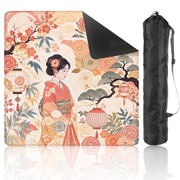 Mahjong Mat 31.5" x 31.5" Elegant Japanese Woman Kimono Floral Geometric Non-Slip Noise Reduction American Mahjong Tiles Table Cover for Dominoes Poker Card Board Games Gift