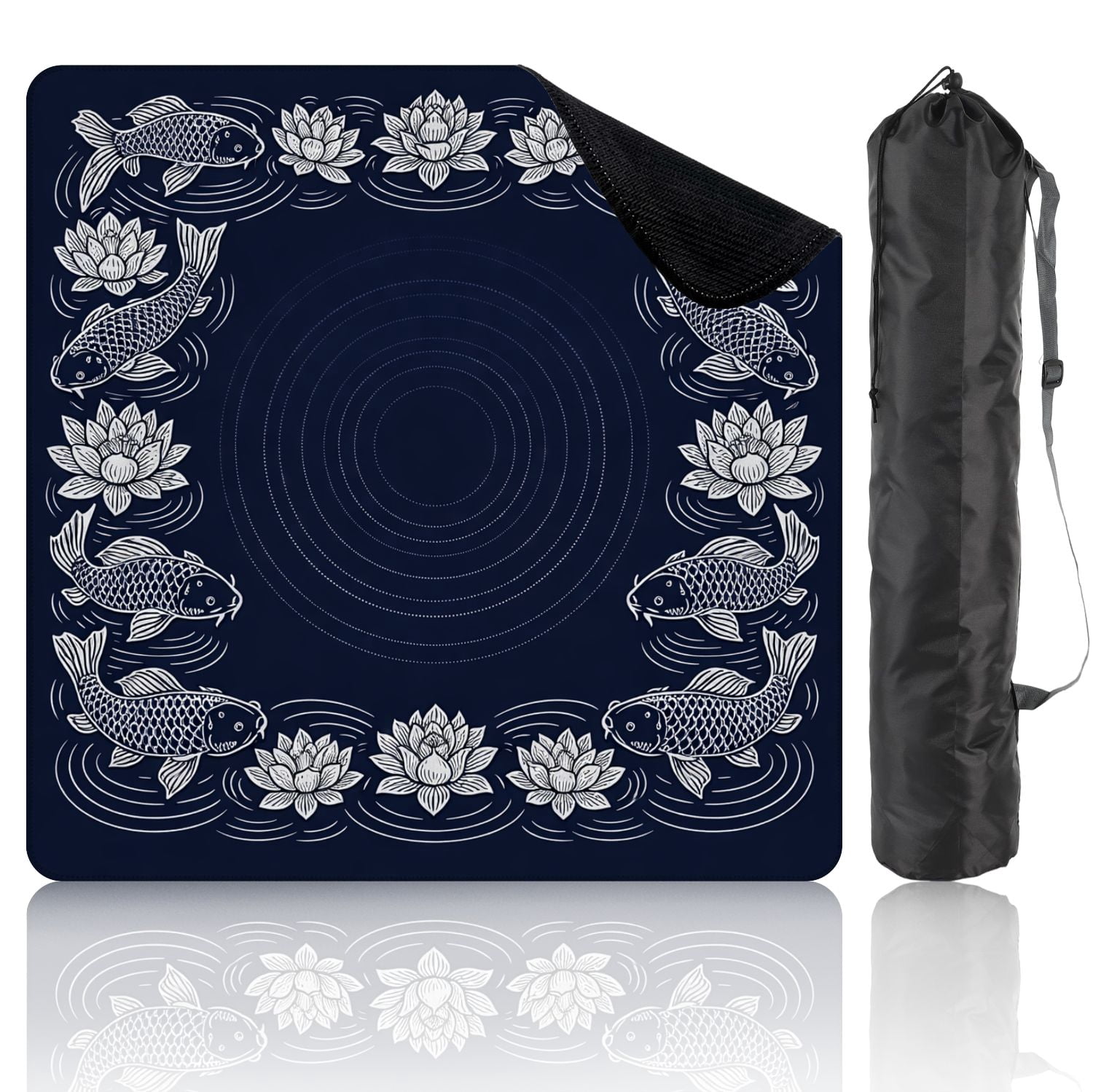 Mahjong Mat 31.5" x 31.5" Elegant Koi Fish Water Lily Circular Dark Blue Non-Slip Noise Reduction Mahjong Tiles Table Cover for Dominoes Poker Card Board and Tile Games
