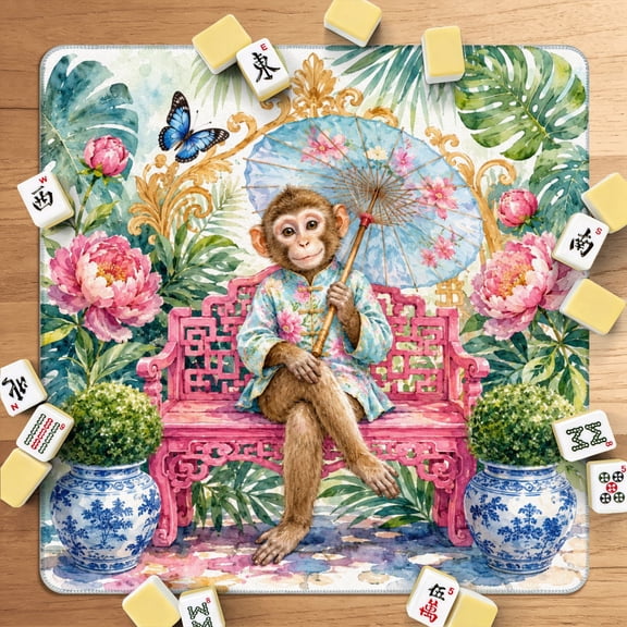 Mahjong Mat 31.5" x 31.5" Elegant Monkey Pink Bench Floral Umbrella Tropical Garden Watercolor Non-Slip Noise Reduction American Mahjong Tiles Table Cover for Dominoes Poker Card Board Games Gift