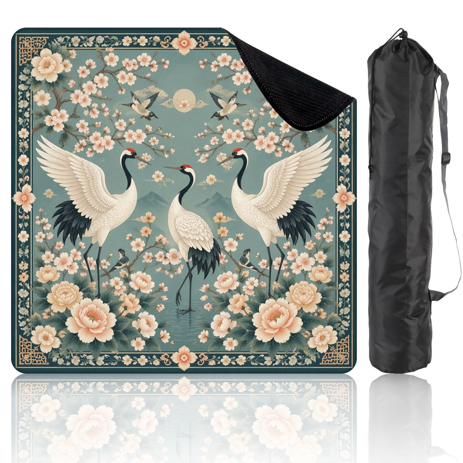 Mahjong Mat 31.5" x 31.5" Elegant Oriental Crane Cherry Blossoms Peonies Birds Soft Pastel Non-Slip Noise Reduction Mahjong Tiles Table Cover for Dominoes Poker Card Board and Tile Games