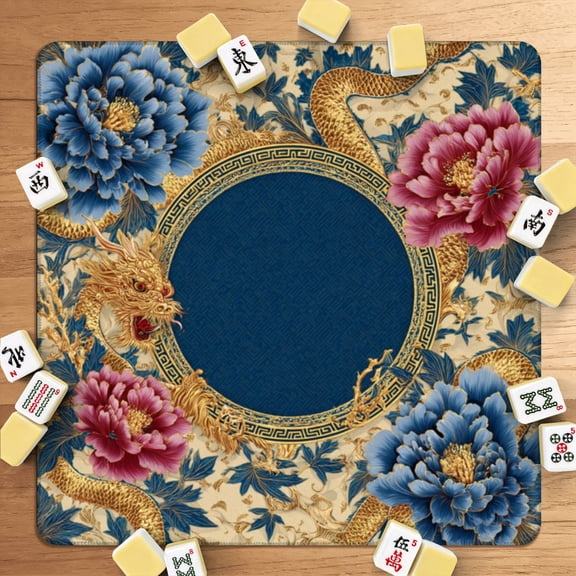 Mahjong Mat 31.5" x 31.5" Elegant Oriental Design Dragons Peonies Bamboo Golden Non-Slip Noise Reduction American Mahjong Tiles Table Cover for Dominoes Poker Card Board Games Gift