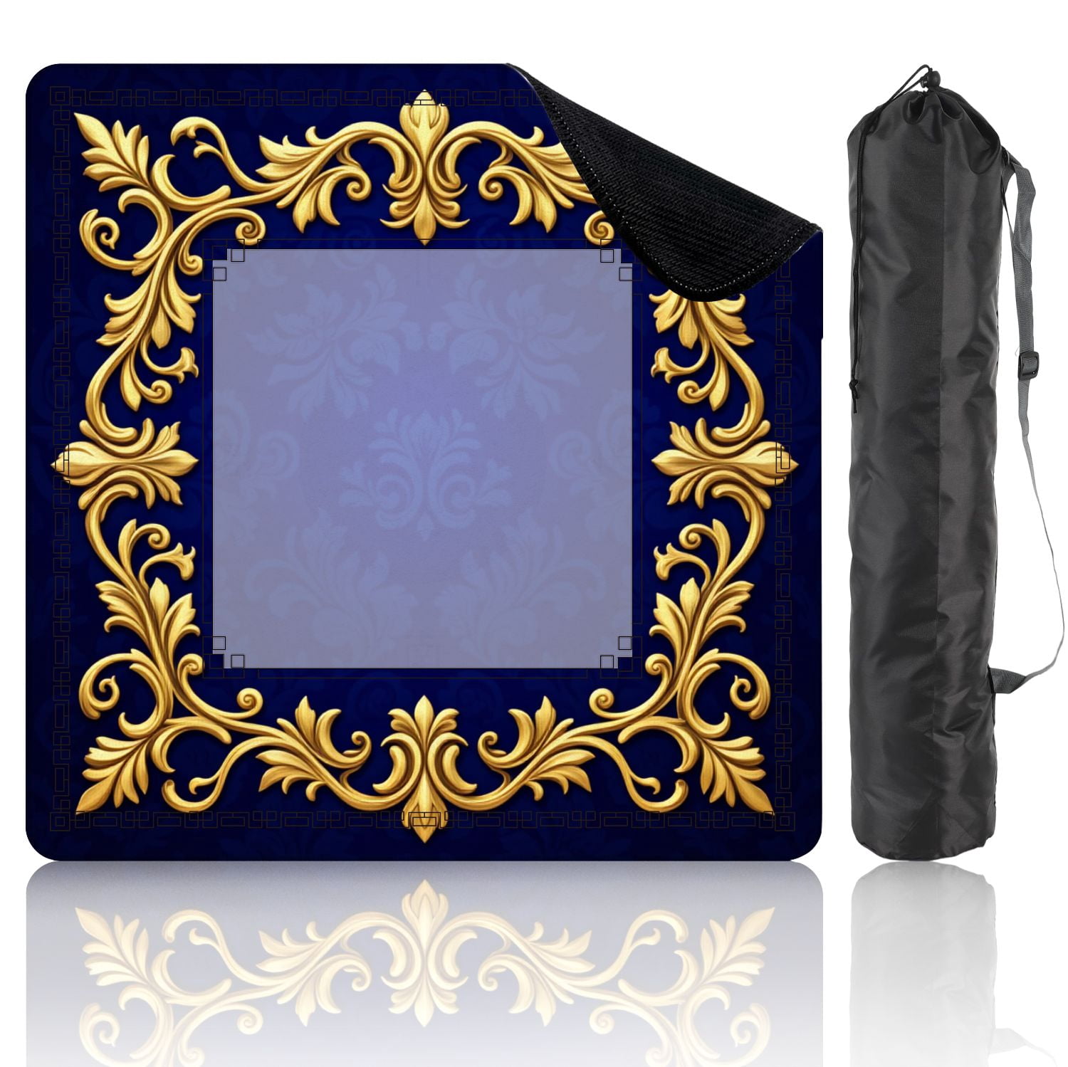 Mahjong Mat 31.5" x 31.5" Elegant Ornate Gold Frame Floral Deep Blue Non-Slip Noise Reduction American Mahjong Tiles Table Cover for Dominoes Poker Card Board Games Gift
