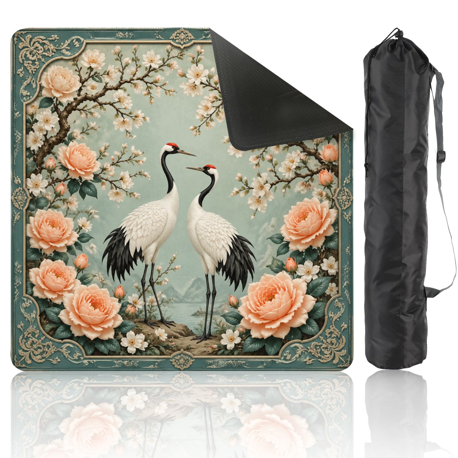 Mahjong Mat 31.5" x 31.5" Elegant Pair Cranes Among Peach Cherry Blossoms Vintage Ornamental Non-Slip Noise Reduction American Mahjong Tiles Table Cover for Dominoes Poker Card Board Games Gift