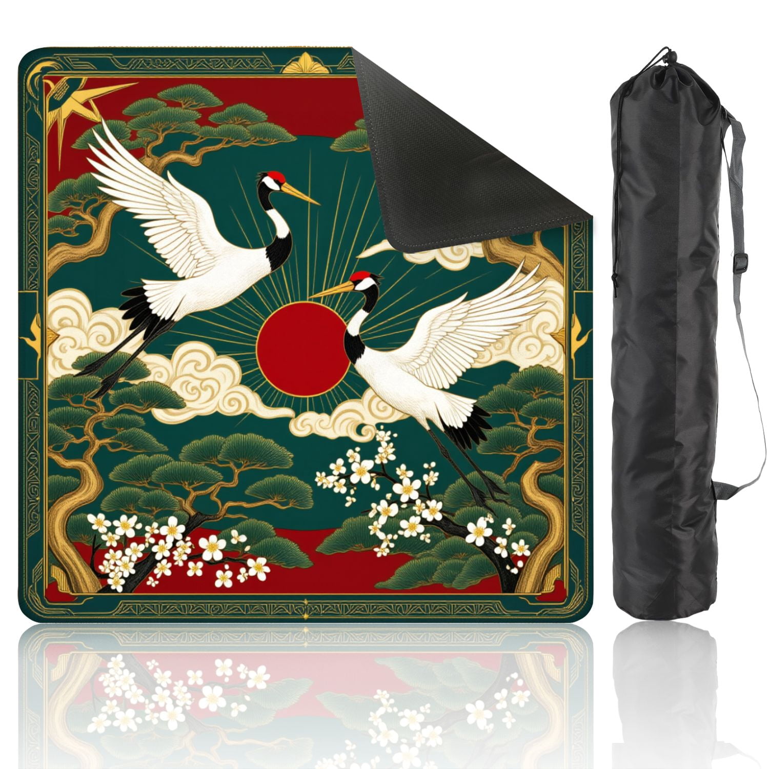 Mahjong Mat 31.5" x 31.5" Elegant Pair Cranes Red Sun Pine Trees Blossoms Traditional Asian Non-Slip Noise Reduction American Mahjong Tiles Table Cover for Dominoes Poker Card Board Games Gift