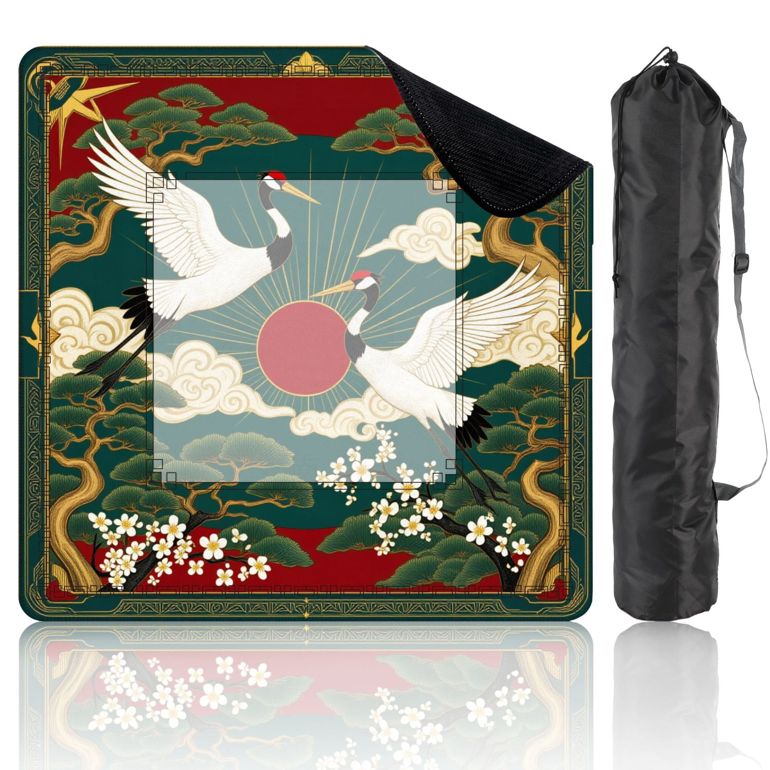 Mahjong Mat 31.5" x 31.5" Elegant Pair Cranes Red Sun Pine Trees Blossoms Traditional Asian Non-Slip Noise Reduction American Mahjong Tiles Table Cover for Dominoes Poker Card Board Games Gift