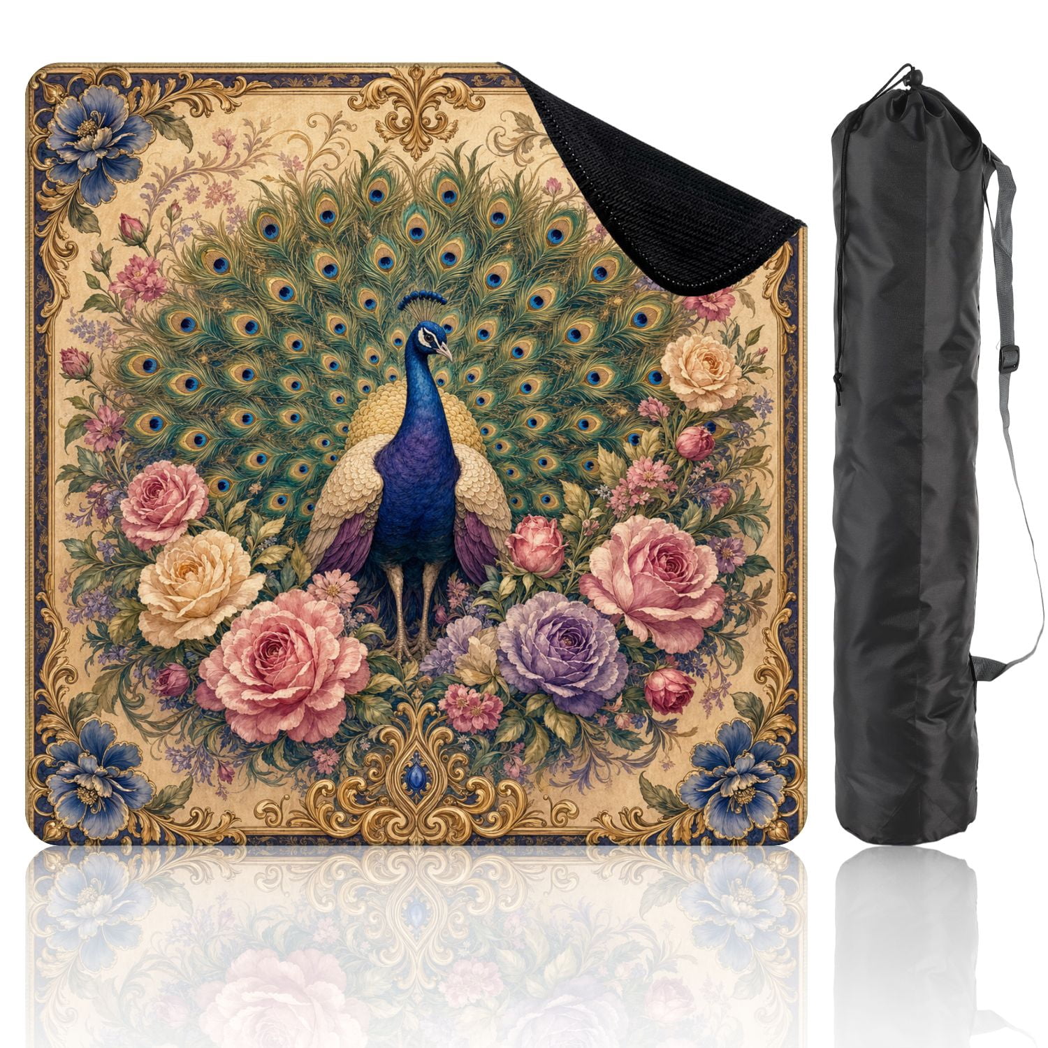 Mahjong Mat 31.5" x 31.5" Elegant Peacock Floral Golden Frame Vintage Style Non-Slip Noise Reduction Mahjong Tiles Table Cover for Dominoes Poker Card Board and Tile Games