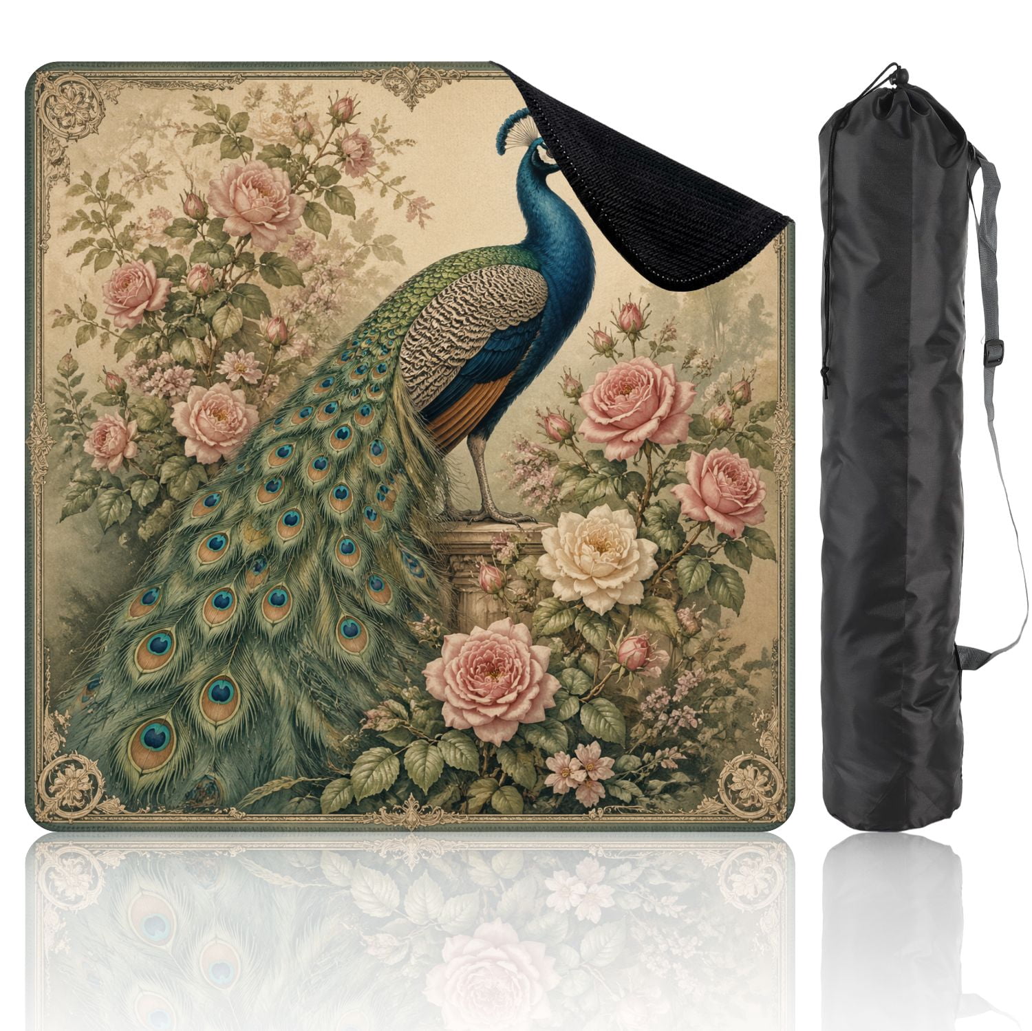 Mahjong Mat 31.5" x 31.5" Elegant Peacock Pink White Roses Vintage Non-Slip Noise Reduction Mahjong Tiles Table Cover for Dominoes Poker Card Board and Tile Games